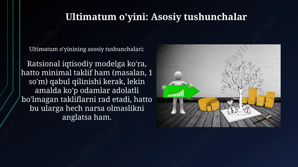 adi, unda taklif qiluvchi pulning bir qismini taklif qiladi. respondent 40% dan kam taklifni rad etishi mumkin, shu bilan ikkala tomon ham hech narsa olmasligini ta'minlaydi. ma'lumotlar va natijalar ultimatum o'yinida raqobatning kiritilishi taklifning 0 dan 50 foizgacha bo'lishiga olib keldi, chunki javob beruvchilar kelishuvsiz qolish xavfini kamaytirishga harakat qilishdi. ma'lumotlar va natijalar savollar va javoblar savol-javob sessiyalari, ayniqsa akademik muhitda, talabalarning mavzu bo'yicha tushunishini baholash va kamida 3 xil fikrni o'z ichiga olgan batafsil izohlarni berish uchun ishlatiladi. savollar va javoblar, ko'pincha q&a sifatida qisqartiriladi, turli xil sohalarda, masalan, ta'lim va biznesda ma'lumot olishning 2 tomonlama interaktiv usuli sifatida qo'llaniladi. adolat, tenglik va o'zaro yordam adolat, tenglik va o'zaro yordam mafkurasi ijtimoiy harakatlarda muhim rol o'ynadi, 20-asr davomida teng huquqlilik va ijtimoiy ta'minot uchun kurashlarda 50 dan ortiq g'oyalarni shakllantirdi. adolat, tenglik va o'zaro yordam haqida ma'lumot taklif qilinganlar xulq-atvori taklif qilinganlar xulq-atvori taklifning 20% dan kam bo'lgan hollarda, …