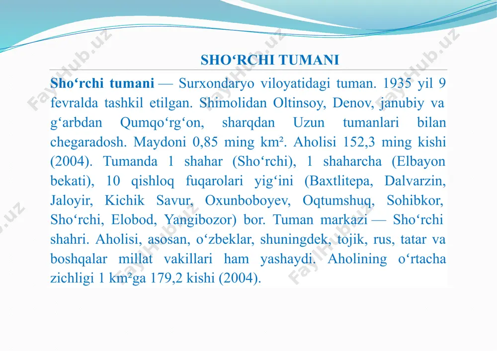 koʻzoynakli ilon va boshqalar bor.[1] iqtisodiyoti tumanda„donmahsulotlar“, „shoʻrchipaxta“aksiyadorlik jamiyatlari,bosmaxona,aholigamaishiyxizmatkoʻrsatish uyushmasi, „shoʻrchimebel“kompaniyasi,mtp,pillakashlikf- kasi, 2tanonyopishkorxonasi, „istiqlol“poyabzalishlab chiqarishkorxonasivaboshqalarfaoliyatkoʻrsatadi.yirikelevator va2tauntegirmoniishlabturibdi.qishloqxoʻjaligikompleks rivojlangan,asosan,paxta,gʻalla,shuningdek,mevavauzum yetishtiriladi.sabzavotchilik, polizchilik va chorvachilik ham rivojlangan. yemxashak ekinlari ekiladi.[1] tumanda 9 shirkat, 600 ga yaqin fermer xoʻjaligi, 5 tafermerlar uyushmasi mavjud. shoʻrchi tumanidagi jamoa va shaxsiy xoʻjaliklarida qoramol, qoʻy va echki, yilqi, parranda boqiladi. shoʻrchi tumani hududidan oʻtgan t.y. uzunligi 28km. 58 umumiy taʼlim maktabi (43 mingdan ziyod oʻquvchi), bolalar musiqa maktabi, qishloq xoʻjaligi, kommunal xizmat koʻrsatish, tibbiyot kasb-hunar kollejlari, 2 ta maxsus maktab internati, ixtisoslashtirilgan internatmaktabi mavjud. 7 qishloq madaniyat uyi, 5 qishloq klubi, tuman markaziy kutubxonasi va uning tarmoqlari, shahar kutubxonasi, koʻzi ojizlar kutubxonasi aholiga xizmat koʻrsatadi. 290 oʻringa moʻljallangan 4 ta kasalxona (shu jumladan, tuman markaziy kasalxonasi), 8 qishloq vrachlik ambulatoriyasi, 8 qishloq vrachlik punkti, 24 ta dorixona, 3 ta poliklinika va boshqalar tibbiy muassasalarda 263 vrach, 1100 ga yaqin oʻrta tibbiy xodim ishlaydi. tuman xududida dalvarzintepa xarobalari joylashgan. shoʻrchi …