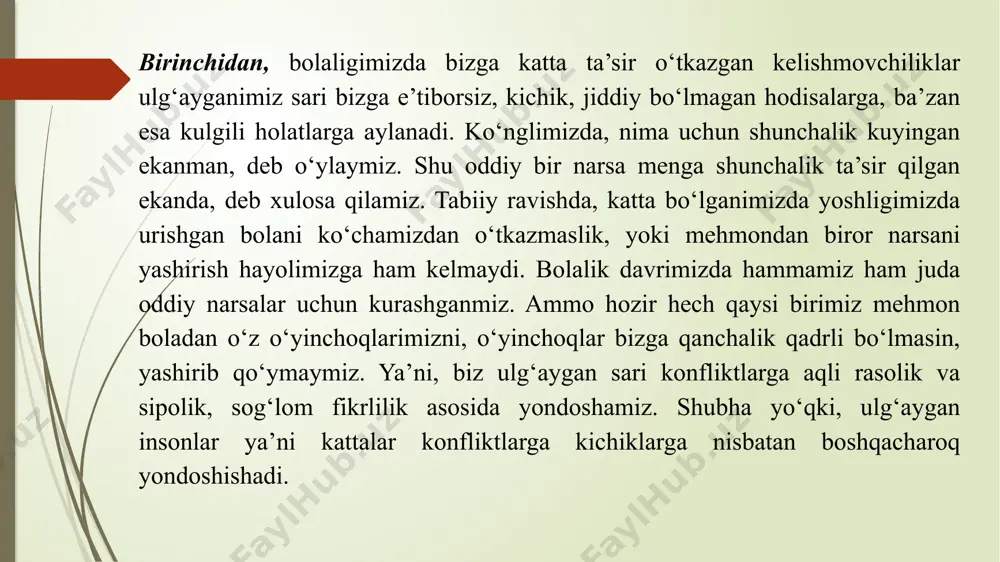 imizga emas, balki bizga aytilgan boshqa odamlarning so‘zlari va amallariga ko‘proq e’tiborliroqmiz. boshqa odamlarning so‘zlaridagi intonatsiya, mimika va ma’no bizga uning bizga nisbatan munosabati haqidagi axborot, ya’ni ma’lum informatsiyani bildiradi va beradi. ammo o‘zimiz birovlarga so‘z aytganimizda, har doim ham, so‘zlar ma’nosi nimani anglatmoqda, bizning mimikamiz, ovozimiz, qo‘l harakatlarimiz, intonatsiyamiz yana qanday qo‘shimcha axborotni birovlarga uzatayotganligiga e’tibor bilan qaramaymiz. ko‘pchilik hollarda bu narsa intuitiv tarzda kechadi. konfliktogenlar ko‘payib, ular majmuaga aylanganda, konflikt tug‘iladi. konfliktogenlar eskalatsiyasi qonuniy ravishda konfliktga olib keladi. bizga kelayotgan axborotlar konfliktogenlar bilan to‘lgan bo‘lsa, biz unga tabiiy ravishda o‘zimizdagi konfliktogenlar bilan javob beramiz. konfliktogenlar eskalatsiyasi yuzaga kelmasligi uchun: konfliktogenlarning o‘zingiz va atrofdagilar yuragida yig‘ilishiga yo‘l qo‘ymaslik; konfliktogenlar vujudga kela boshlaganda esa, ulardan o‘z fikri va ongini ozod qilish yo‘llarini qidirish; o‘zimizda vujudga kelishi mumkin bo‘lgan konfliktogenlar boshqalar ko‘nglida ham yuzaga kelishi mumkinligini nazarga olishimiz darkor. konfliktogenlarning ko‘pchiligini kuyidagi turlarga ajratish mumkin: o‘zini ustun qo‘yish; agressiyaga moyillik; egoizm. …