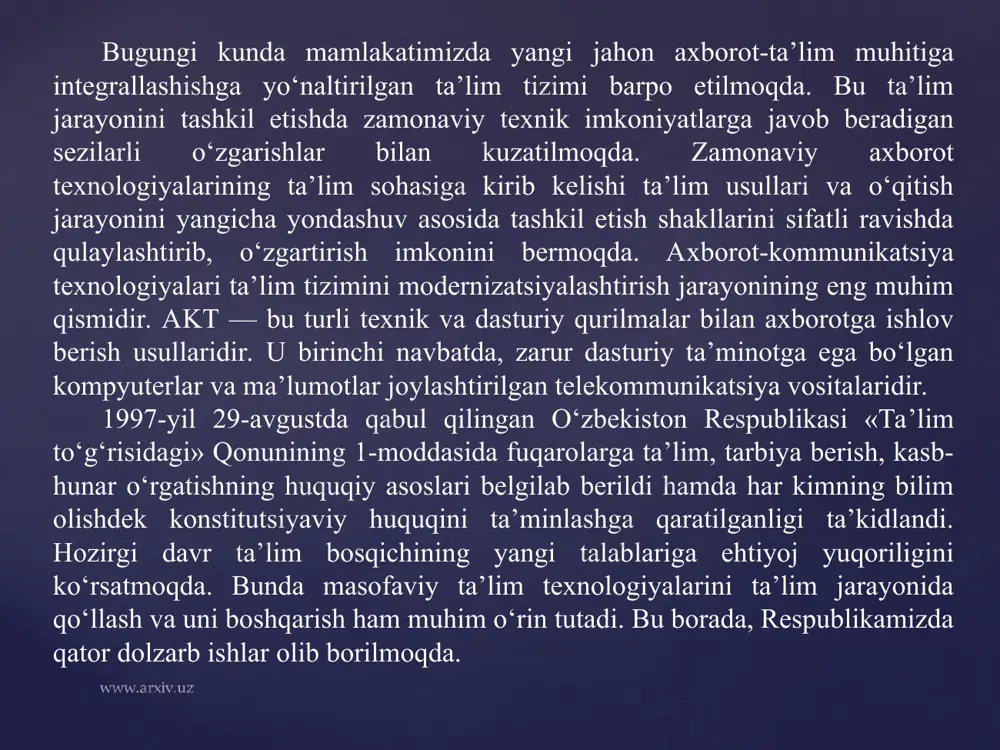 an, ba’zi korporatsiyalarda bo‘linmalar mavjud bo‘lib, ularning vazifasi xizmatchilar uchun elektron kurslar tashkil etishdir. masofaviy ta’lim texnologiyalari — masofaviy ta’lim bu e-learningga qaraganda kengroq tushunchadir, u interfaol mustaqil ta’limning va qo‘llab-quvvatlashning intensiv maslahat sintezi hisoblanadi. shunday qilib, elektron ta’lim masofaviy ta’limning bir bo‘lagi hisoblanadi. masofaviy ta’lim asosiy o‘quv materialini o‘quvchilarga yetkazib berish va o‘quv jarayonida o‘quvchi va o‘qituvchi orasida interfaol ishlashni ta’minlaydi. bunda qo‘llanmalarni yetkazib berish kompyuter va internetsiz ham amalga oshirilishi mumkin. masofaviy ta’limning afzalliklari masofaviy texnologiyalardan foydalangan holda o‘qitishning juda ko‘p ijobiy tomonlari mavjud. yashash joyidan turib, o‘qish imkoniyati — chekka qishloqlarda yashovchilarda katta shaharlarga borib, universitetga kirib-o‘qish imkoniyati har doim ham bo‘lavermaydi. masofaviy ta’lim texnologiyalari ularga o‘z shahridan ketmasdan turib, o‘qish imkoniyatini yaratib beradi. o‘qish va ishni birga qo‘shib olib borish — o‘quvchilar ishdan ajralmagan holda ta’lim olish imkoniga ega bo‘ladilar, bu, ayniqsa, malaka oshirish yoki ikkinchi oliy ma’lumot oluvchilarga juda qo‘l keladi. sifatli texnologiyalar va o‘quv …