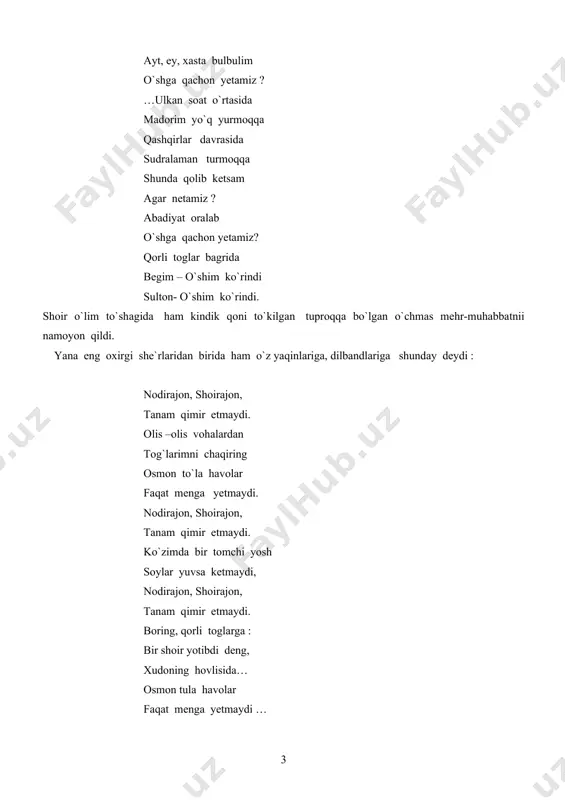 n kallalari mohlarin bo`gizlab tashlagan dillar endi qalb ko`zi ochiq; u har narsani ko`radi, bor narsani bilib oladi.o`ziga va o`zga qalblarga yetgan neki xo`rlik, neki adolatsizlik bor - befarq bo`lolmaydi. u har bir insonga qalqon bo`lgisi, qalbning haq- huquqi uchun jangga kirgisi keladi. qalb, qismat faqat po`latday toblanishni, xanjarday o`tkirlanishini orzu qiladi. zulfiqor ruh kerak kerak chin yog`du chin ishq yog`dulari bagrimga to`lsin jismimni toblasin faqat chin og`riq chechaklar qop-qora bo`lsa-da bo`lsin (1989 y) shavkat rahmon-mustaqillik, hurlikni qo`msagan shoir edi. u hatto betob yotganida ham, 1996 yil mart oyida rossiya davlat dumasi sobiq ittifoqni amalda tiklash to`grisidagi qaroriga keskin norozilik bildiradi. panoh so`radimmi borimni yechib, o`zni urdimmi yo biron eshikka? qaltis lahzalarda orimdan kechib kirdimmi sichqonlar kirgan teshikka bolam, jonim bolam bu go`zal hurlik, unutma, bu hurlik to`ralgan kunni! shavkat rahmon sh`riyati javonmardlik ruhi bilan sugorilgan. u millatning zabun holidan sho`roviylarning poshnasi ostida toptalgan vatanning najmurda jismidan o`rtanadi. el qirildi …