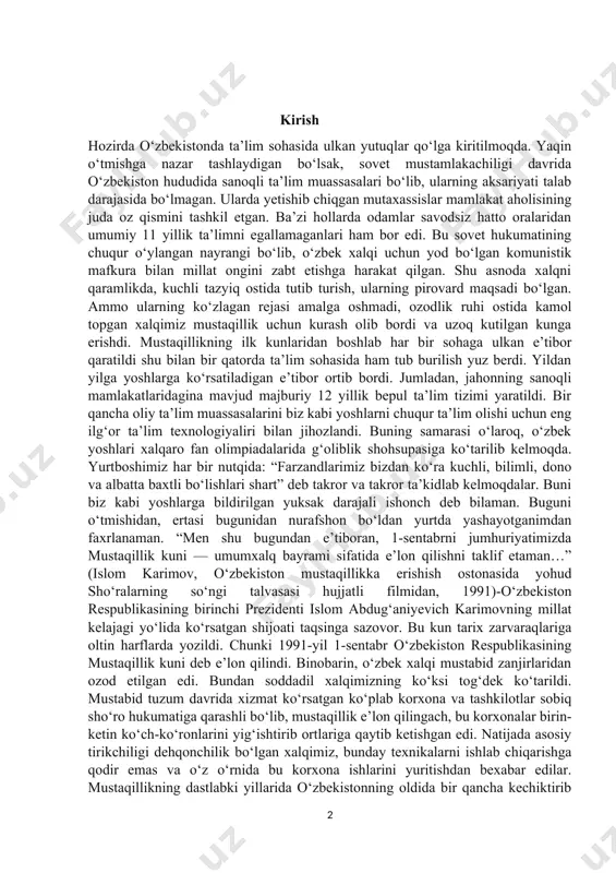 o‘tmishidan, ertasi bugunidan nurafshon bo‘ldan yurtda yashayotganimdan faxrlanaman. “men shu bugundan e’tiboran, 1-sentabrni jumhuriyatimizda mustaqillik kuni — umumxalq bayrami sifatida e’lon qilishni taklif etaman…” (islom karimov, o‘zbekiston mustaqillikka erishish ostonasida yohud sho‘ralarning so‘ngi talvasasi hujjatli filmidan, 1991)-o‘zbekiston respublikasining birinchi prezidenti islom abdug‘aniyevich karimovning millat kelajagi yo‘lida ko‘rsatgan shijoati taqsinga sazovor. bu kun tarix zarvaraqlariga oltin harflarda yozildi. chunki 1991-yil 1-sentabr o‘zbekiston respublikasining mustaqillik kuni deb e’lon qilindi. binobarin, o‘zbek xalqi mustabid zanjirlaridan ozod etilgan edi. bundan soddadil xalqimizning ko‘ksi tog‘dek ko‘tarildi. mustabid tuzum davrida xizmat ko‘rsatgan ko‘plab korxona va tashkilotlar sobiq sho‘ro hukumatiga qarashli bo‘lib, mustaqillik e’lon qilingach, bu korxonalar birin-ketin ko‘ch-ko‘ronlarini yig‘ishtirib ortlariga qaytib ketishgan edi. natijada asosiy tirikchiligi dehqonchilik bo‘lgan xalqimiz, bunday texnikalarni ishlab chiqarishga qodir emas va o‘z o‘rnida bu korxona ishlarini yuritishdan bexabar edilar. mustaqillikning dastlabki yillarida o‘zbekistonning oldida bir qancha kechiktirib bo‘lmaydigan ustuvor vazifalar bor ediki, bularsiz xalq ongini shaklantirish mushkul vazifaga aylandi. avvalo, xalqimizni …