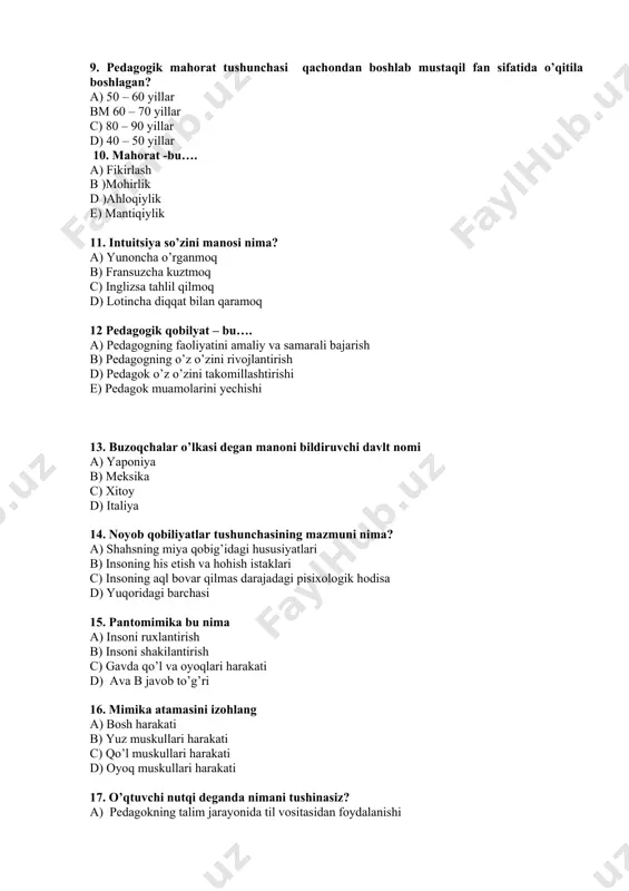 ri o’rta past b) quyi maxsus o’rta d) ijtimoiy o’rta yuqori javoblar kaliti savol 1 2 3 4 5 6 7 8 9 10 11 12 13 javob savol 14 15 16 17 18 19 20 21 22 23 24 25 javob izoh: har bir savolning to’g’ri javobi uchun 2 ball qo’yiladi, jami max. ball 50, javoblarni belgilashda buzilgan va bo’yalgan javoblar hisobga olinmaydi. ___________________________________________________ (imzo)____________________ sana ____________