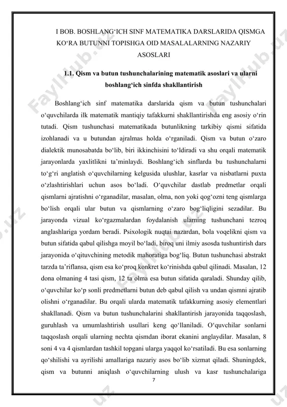 larning fazoviy tasavvurlarini ham rivojlantiradi. didaktik o‘yinlar orqali ular qismlarni ko‘rish, sanash va butun bilan bog‘lashni yanada tezroq o‘zlashtiradilar. qism va butun tushunchalari matematikaning asosiy tushunchalaridan biri bo‘lib, boshqa ko‘plab mavzularning negizini tashkil qiladi. shu bois boshlang‘ich sinfda ushbu bilimlarni to‘g‘ri shakllantirish keyingi bosqichdagi muvaffaqiyatli o‘qishga zamin yaratadi. psixolog va metodist olimlarning tadqiqotlariga ko‘ra, qism va butunni to‘g‘ri anglagan bola kelajakda kasrlarni va algebraik tushunchalarni tezroq o‘zlashtiradi. chunki ular allaqachon mantiqan butun va qismlarni umumlashtirishni o‘rganib bo‘lgan bo‘ladi. shuningdek, qism va butun tushunchasi o‘quvchilarning mantiqiy tafakkurini rivojlantirish bilan birga ularning kundalik hayotiy faoliyatida ham qo‘l keladi. masalan, ovqatni taqsimlash, vaqtni bo‘lish yoki o‘yinlarda rollarni ajratish jarayonida ham ular bu tushunchalardan foydalanadilar. shu sababli, qism va butun tushunchalarini shakllantirish faqat matematik bilim emas, balki hayotiy ko‘nikma sifatida ham ahamiyatlidir. o‘quvchilarni bu tushunchalarga o‘rgatishda zamonaviy interfaol metodlardan foydalanish zarur bo‘lib, ular orasida klaster, aqliy hujum, rolli o‘yinlar muhim rol o‘ynaydi. qism va …