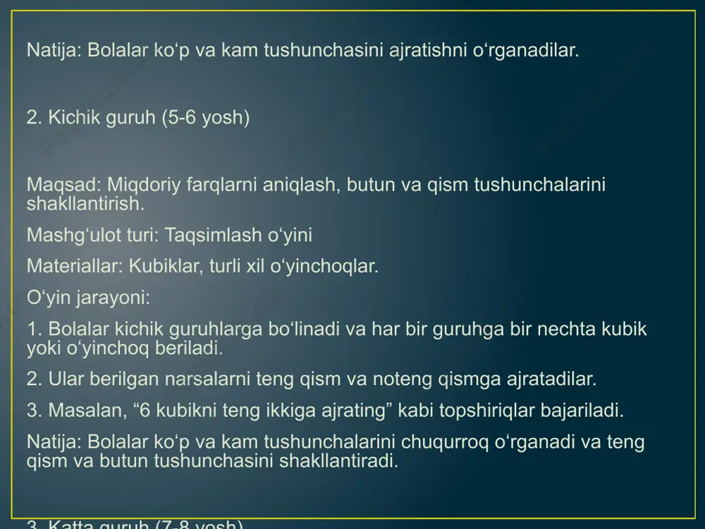 a ajratishni o‘rganadi. mashg'ulot 4: "qaysi qism ko‘proq?" maqsad: katta va kichik qismlar orasidagi farqni aniqlash. materiallar: katta va kichik idishlar va suv yoki qum. jarayon: 1. katta va kichik idishlar tayyorlanadi. 2. har bir bolaga idishni to'ldirish uchun suv yoki qum beriladi. 3. keyin ular katta idishdagi suvning kichik idishdagi suvdan ko‘proq ekanligini taqqoslaydi. natija: bolalar katta va kichik miqdorlarni farqlashni o‘rganadi. bolalarning yosh guruhiga mos ravishda miqdoriy tushunchalarni shakllantirish usullari bilan tanishtirish uchun ishlab chiqilgan mashg'ulot ishlanmalarini quyida keltiraman. bu mashg'ulotlar bolalarda miqdorni his qilish, ko‘p va kam tushunchalarini anglash, va tenglik-tengsizlik tushunchalarini shakllantirishga yordam beradi. maktabgacha yosh guruh (3-4 yosh) uchun mashg‘ulot ishlanmasi maqsad: "ko'p" va "kam" tushunchalarini shakllantirish mashg‘ulot: "kimning to‘plari ko‘proq?" materiallar: rangli to‘plar, kichik savatlar. jarayon: 1. har bir bolaga kichik savat va rangli to‘plar to‘plami beriladi. 2. bolalar o‘zlarining to‘plarini sanaydi. 3. mashg‘ulot davomida tarbiyachi savollar beradi: "kimning to‘plari ko‘proq?" yoki "kimning to‘plari …