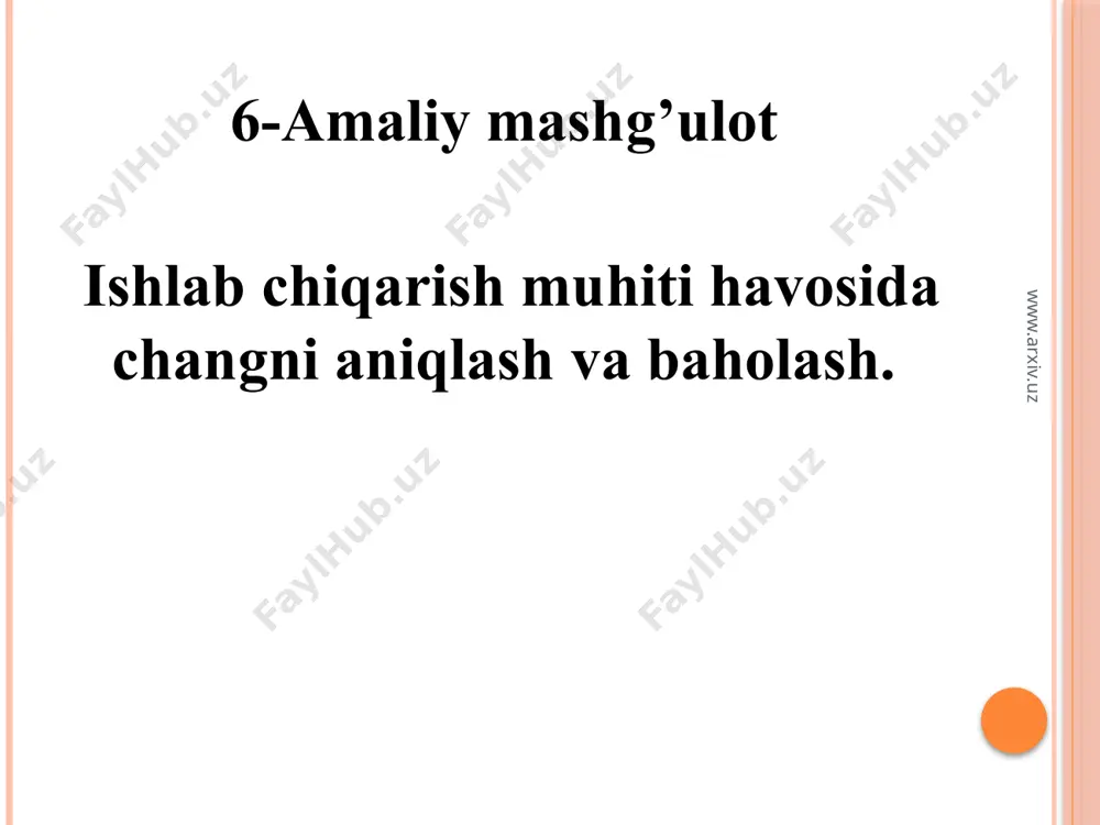 sh va boshqalar). bunda dispers faza sifatida chang zarrachalari, dispersli muhit esa - havo hisoblanadi. gigiyenik ahamiyatga faqat havo muxitida bo’ladigan changning konsentratsiyasigina emas, balki uning kelib chiqishi, kattaligi va chang zarrachasining tabiati xam muhimdir. chang zarrachalarining shakli uning qanday hosil bo’lishiga bog’liq. chang zarrachalarining katta-kichikligi bo’yicha (chang dispersligi) katta dispersli (chang zarrachlarining kattaligi - 10 nm), o’rta dispersli (5-10 nm), kichik dispersli (0,25 - 0,5 nm) va ultrakichik dispersli (0,25 nm dan kichik) changlarga bo’linadi. www.arxiv.uz www.arxiv.uz changning kimyoviy tarkibi katta gigiyenik ahamiyatga ega, chunki changning organizmga ta‘sir ko’rsatish harakteri unga bog’liq bo‘ladi va quyidagilarga farqlanadi: fibrogenli, qo’zgatuvchi yoqi qichituvchi, toksik (zaxarli), allergenli ta‘sirlar. fibrogenli ta‘siri: changga oid patologiya va eng ko’p va og’ir kechadigan kasb kasalliklariga kiradi. chang ta‘siri natijasida spetsifik va nospetsifik kasb kasalliklari kelib chiqadi. spetsifik kasb kasalligiga pnevmokoniozlarni kiritish mumkin. «pnevmokoinoz» atamasini tibbiyotga 1866 yili senker kiritgan, pnevmokoinoz so‘zining ma‘nosi yunoncha so‘zdan olingan bo‘lib, «pnevmon»- …