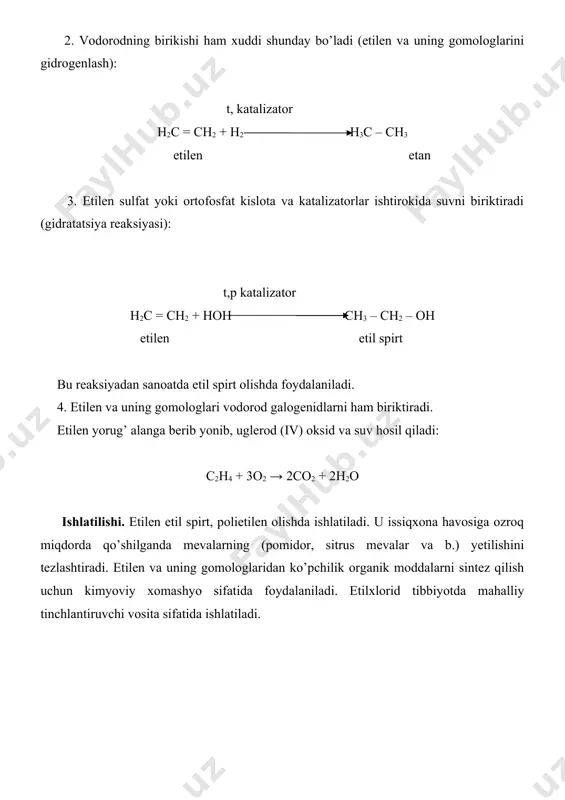 muvofiq asetilen qatoridagi uglevodorodlarning nomi ularga mos keladigan to’yingan uglevodorodlar nomidan olinadi, ammo “an” qo’shimcha o’rniga “in” ishlatiladi. uchlamchi bog’ o’rni raqam bilan ko’rsatiladi. uzun zanjirni raqamlashda, zanjirning tarmoqlangan qismini belgilashda va boshqalarda olefinlardagi kabi ish tutiladi. olinishi. asetilen sanoatda va laboratoriyada kalsiy karbidga suv ta’sir ettirib yoki tabiiy gazlarni (masalan, metanni) yuqori temperaturada piroliz qilib olinadi: c = c + 2h2o → hc ≡ ch + ca(oh)2 asetilen kalsiy gidroksid ca kalsiy karbid yuqori temperatura 2ch4 h – c ≡ c – h + 3h2 fizik xossalari. asetilen qatoridagi uglevodorodlardan molekulasida uglerod atomlari ikkitadan to’rttagacha bo’lganlari gaz, c5 dan c15 gacha suyuqlik, c16 dan yuqorisi esa qattiq moddalardir. ularning qaynash temperaturasi, suyuqlanish temperaturasi va zichligi to’yingan hamda to’yinmagan uglevodorodlarning gomologik qatoridagi kabi o’zgaradi. ammo molekuladagi uchlamchi bog’ning holati qaynash temperaturasiga kuchli ta’sir ko’rsatadi. masalan, 1-butin, 8,5 ?c da qaynasa, 2-butin 27 ?c da qaynaydi. bularga to’g’ri keladigan butan va …