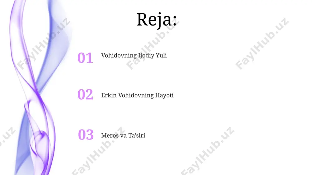 uammolari haqida hikoya qiladi, postmodernizm elementlarini oʻzida mujassamlashtiradi. “meros va ta’siri” 1980-yillarning oxirida nashr etilgan boʻlib, vohidovning she’riy merosiga katta ta’sir koʻrsatgan ijtimoiy-siyosiy oʻzgarishlarni aks ettiradi. ijodiy yutuqlari uning "o'tkan kunlar" dostoniga bag'ishlangan she'rlari milliy adabiyotimizdagi epik an'analarni davom ettirib, 50 dan ortiq turli she'riy uslub va obrazlardan foydalangan. erkin vohidovning 10 dan ortiq she'riy to'plamlari nashr etilgan bo'lib, ularning umumiy tiraji million dona dan oshadi, bu uning keng o'quvchi auditoriyasiga ega ekanligini ko'rsatadi. vohidovning "tong saharlari" she'riy to'plamiga kirgan 25 ta she'r turli mamlakatlar tillariga tarjima qilingan va ko'plab xorijiy adabiyotshunoslar tomonidan yuqori baholandi. vatan mavzusi vohidov she'riyatida vatan mavzusi vohidov ijodiyoti doirasida lirik-falsafiy va epik elementlarning uyg'unligi bilan, obrazli til va allegoriyalardan foydalanish bilan ifodalangan. shoir vatan haqidagi she'rlarida 19-asr oxiri va 20-asr boshlarining tarixiy voqealari, milliy qadriyatlar va xalq taqdiriga alohida e'tibor qaratgan. vohidov she'riyatida vatan mavzusi 20 dan ortiq she'r va poemalarda, jumladan, "o'zbekiston", "ona yurtim" …