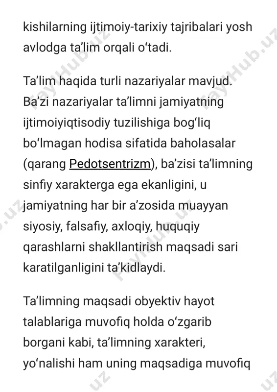 zmuni oʻquv reja va dasturlari, darslik va boshqalarda yoritiladi. taʼlimda qoʻyilgan maqsadga erishish uchun turli metod, vosita, tashkiliy tizim va shakllar (maʼruza, suhbat, tajribalar oʻtkazish, koʻrgazmali qurollarni qoʻllash, kuzatish, mashq va shu kabi)dan foydalaniladi. oʻquv jarayonida texnik vositalar (kino, televideniye, radio, kompyuter, ehm va boshqalar)ni keng qoʻllash taʼlim metodini ishlab chiqishga katta taʼsir koʻrsatadi. taʼlimni tashkil etishning umumiy taʼlim, alohida (individual) taʼlim, tashkiliy taʼlim, sinfdars taʼlimi, kurs tizimi taʼlimi va boshqa turlari mavjud. hozirgi sharoitda ijtimoiy talablar, oʻquvchilarning imkoniyati va ehtiyojlariga muvofiq taʼlim tobora takomillashtirilib, yangi metod va shakllari ishlab chiqilmoqda. xususan, taʼlimning keng umumiy maʼlumot asosida kasbiy ixtisoslashishning ahamiyati tobora oshmoqda, ommaviy kommunikatsiya vositalari – radio, televideniye, film, kompyuter, vaqtli matbuotdan, shuningdek, oʻz ustida ishlashning turli shakllaridan foydalanilmoqda. ushbu maqolada oʻzbekiston milliy ensiklopediyasi (2000-2005) maʼlumotlaridan foydalanilgan. manbalar https://uz.m.wikipedia.org/wiki/radio https://uz.m.wikipedia.org/wiki/televideniye https://uz.m.wikipedia.org/wiki/film https://uz.m.wikipedia.org/wiki/kompyuter https://uz.m.wikipedia.org/wiki/matbuot https://uz.m.wikipedia.org/wiki/o%ca%bbzbekiston_milliy_ensiklopediyasi https://uz.m.wikipedia.org/wiki/o%ca%bbzbekiston_milliy_ensiklopediyasi bu sahifa oxirgi marta 5-sentyabr 2023, 04:45 da tahrir qilingan. • matndan cc by-sa 4.0 …