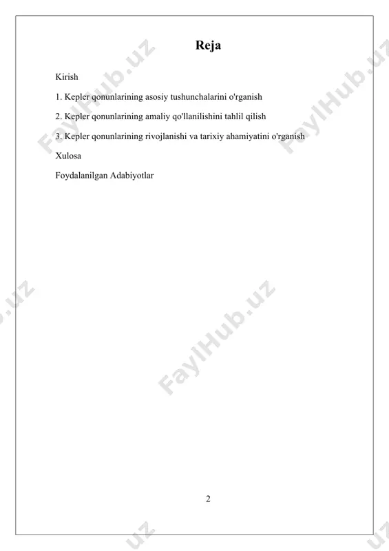 nilmoqda, ularning yordamida galaktikalar, kosmik jarayonlar va quyosh tizimining tuzilishi o‘rganilmoqda. kepler qonunlarini chuqurroq tushunish, insonlarning koinotdagi o‘rni va dunyoni anglash uchun muhimdir. bu qonunlar yangi ilmiy metodlar va texnologiyalar ishlab chiqishda asos bo‘lib xizmat qilmoqda, shuningdek, insonlarning koinotga bo‘lgan qiziqishini oshirib, ilm-fan rivojiga yangi imkoniyatlar yaratmoqda. i. kepler qonunlarining asosiy tushunchalarini o'rganish kepler qonunlarining asosiy tushunchalarini o‘rganish, astronomiya va fizika sohalarida muhim bo‘lib, sayyoralar va yulduzlarning harakatini tushunishda muhim poydevor hisoblanadi. bu qonunlar, ayniqsa, johannes kepler tomonidan 17-asrda ishlab chiqilgan bo‘lib, ularning har biri sayyoralar harakatining turli jihatlarini yoritadi va ularning bir-biriga bog‘liqligini tushuntiradi. ularning har biri mustaqil bo‘lib, ammo birgalikda sayyoralar va quyosh orasidagi dinamik aloqalarni to‘liq tushunishga yordam beradi. birinchi qonun, yoki elliptik orbitalar qonuni, sayyoralar quyosh atrofida elliptik shaklda harakatlanishini ta’kidlaydi. bu qonun, avvalgi geosentrik modelga qarshi bo‘lib, sayyoralar sferik yoki doimiy aylanuvchi chiziqlarda emas, balki elliptik orbitalarda harakatlanishini bildiradi. ellipsning markazi yoki yirik fokuslaridan biri …