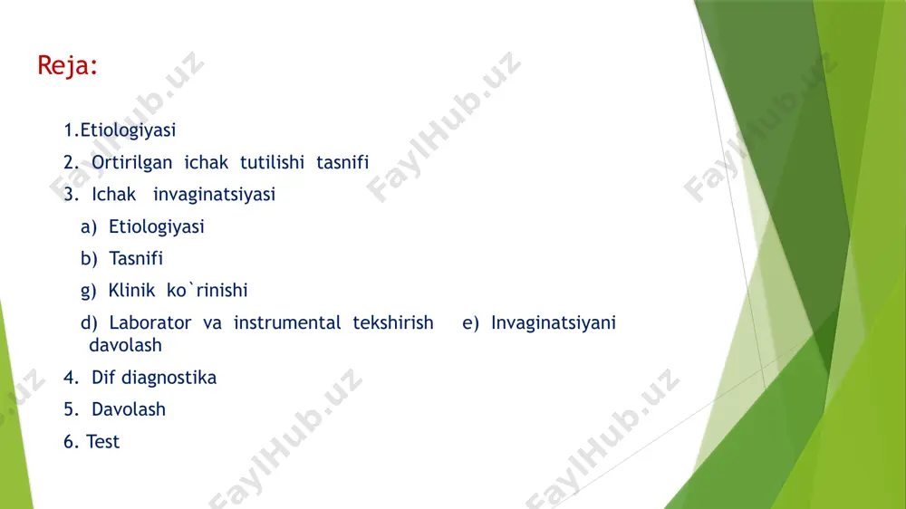 mumkin. invaginatsiya ko`proq 4-10 oyliklarda uchraydi (20-86 % hollarda x.feldmen ) mualliflarini aytishi bo`yicha har 1000 (ming) nafar tug`ilgan chaqaloqlardan 1.5 -4 tasida kuzatiladi ichak invaginatsiyasining asosiy sababi ichak peristaltikasining diskordinatsiyasi ya`ni bo`ylanma va tsirkulyar mushaklarning har xil rivojlanganligida. bu yoshda ko`p uchrashiga sabab ovqatlantirishning buzilishi hisoblanadi, ya`ni qo`shimcha ovqat berilganda ko`p miqdorda berilishi yoki bir necha xil ovqat birdan berilishi kattaroq yoshdagi bolalarda invaginatsiyaning sabablari: mekkel divertikuli, poliplar, ichak o`smalari, ichak devoriga qon quyilishi, gemangiomalar, shilliq giperplaziyasida. x.feldman tasnifi 1. ingichka ichak invaginatsiyasi 2. (yonbosh ichak - chambar ichak va ko`r. ichak - chambar ichak ) invaginatsiyasi. 3. yo`g`on ichak invaginatsiyasi 4. invaginatsiyaning kam uchraydigan turlari : a) chuvalchangsimon o`simtaning invaginatsiyasi b) mekkel divertikulining invaginatsiyasi g) ko`p sonli invaginatsiya e) retrograd invaginatsiya tаsnifi: 1. ertа bitishmаli ichаk tutilishi (1 оy muddаtgаchа) 4 tа fоrmаsi fаrqlаnаdi: - ertа bitishmаli pаrеtik fоrmаsi (3-4 kunlаri) - оddiy fоrmаsi (7-12 kunlаr) - infiltrаt …