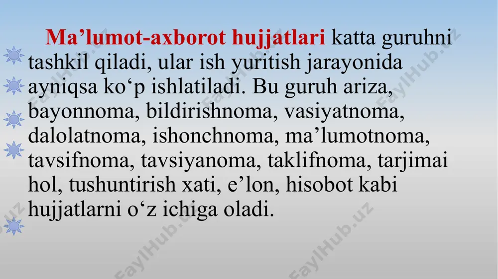 asi. moddiy-buyum boyliklarini oluvchining shaxsiyatini tas - diqlovchi hujjatning nomi (pasport, guvohnoma). shaxsiy ishonchnoma erkin usulda, odatda, qo‘lda yoziladi, lekin unda, albatta, quyidagi zaruriy qismlar bo‘lmog‘i kerak: 1. hujjatning nomi (ishonchnoma). 2. ishonch bildiruvchining to‘liq nomi (ismi, otaismi, familiyasi). 3. ishonchli shaxs (ishonchnoma berilgan shaxs)ning to‘liq nomi. 4. ishonchnoma mazmuni (topshirilgan vazifalarni aniq ko‘rsatish). 5. topshirilgan vazifalar amalga oshirilishi zarur bo‘lgan muassasaning nomi. 6. ishonch bildiruvchining imzosi. 7. berilgan (yozilgan) vaqti. 8. ishonch bildiruvchining imzosini tasdiqlagan shaxsning lavozimi va imzosi. 9. ishonch bildiruvchining imzosi tasdiqlangan sana va yumaloq muh tilxat pul, hujjat, qimmatbaho buyumlar yoxud boshqa biror narsa olinganligini tasdiqlovchi rasmiy yozma hujjat. tilxat bir nusxada tayyorlanadi hamda pulli va qimmatbaho hujjat sifatida saqlanadi. tilxatning asosiy zaruriy qismlari: 1. hujjatning nomi (tilxat). 2. matn: a) tilxat beruvchi shaxsning lavozimi, ismi va otaismi, familiyasi. b) pul, hujjat, buyum yoki boshqa biror narsani beruvchi shaxsning lavozimi, ismi va otaismi, familiyasi (zarurat bo‘lganda …