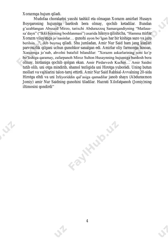 larini tasvirlaydi.doston 8902 misradan iborat bo’lib, 76 bobga bo’lingan. bulardan 16 bob dostonning muqaddimasidir: i-iii boblar diniy – traditsion xarakterdagi boblar bo’lib, iv bob so’z ta’rifi, v-xiv boblar shayboniyxonning ta’rifi va tavsifiga bag’ishlanadi. xv bobda “kitob nazmining sababi” bayon etiladi. xvi bob mullo abduraximga ataladi. dostonning asosiy qismi xvii bobdan boshlanadi. bu boblarda 1499/1500 – 1505/ 1506 yillarda ro’y bergan tarixiy voqealar xronologik izchillik bilan aks ettiriladi; ikki sulola – temuriylar bilan shayboniylar o’rtasidgi urushlarning oqibati doston syujetining asosini tashkil etadi. bu qonli kurashlarning shohidi va ishtirokchisi bo’lgan muhammad solih o’z ko’zi bilan ko’rgan, o’zi qatnashgan voqealrni hikoya qiladi. shunga ko’ra, u bunday deydi:har ne ko’rdim cherigida bir-bir, barchasin nazm ila qildim tahrir2. dostonda shayboniyxonning 1499-1500 yillarda turkistondan samarqandga qo’shin tortib kelishi, samarqandni bosib olish uchun dastlabki urunishlarning barbod bo’lishi va chekinishi, buxoro viloyatining hokimi boqi tarxon va uning qo’shini dabbusiy qo’rg’onida (hozirgi ziyovuddin yaqinida) qamal qilib,buxoroni bosib olishi, qorako’l, …