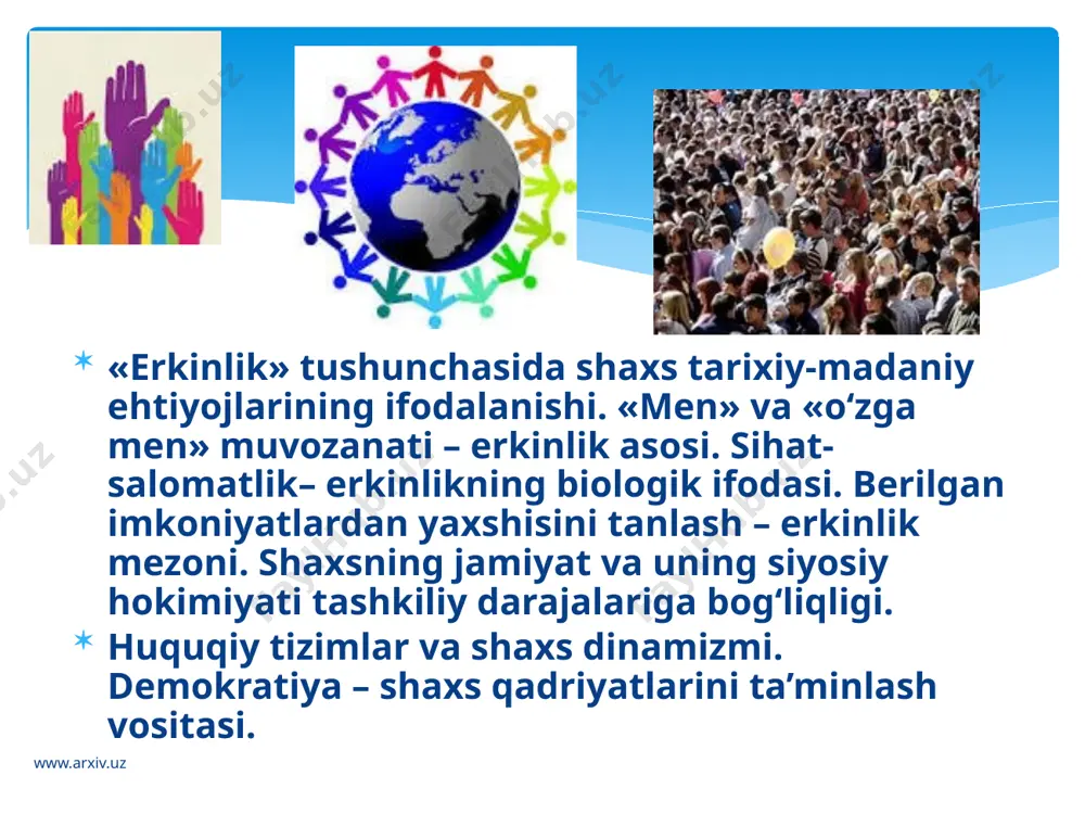 avbatda, xalqning xohish-irodasi erkin ifodalanishi, shu xalqning hokimiyat manbasi ekanligi o‘z aksini topadi. shuning uchun ham xalq davlat uchun emas, davlat xalq uchun xizmat qilishi lozim. www.arxiv.uz shodmonqul azizov shaxs va jamiyat «sharq» nashriyot-matbaa aksiyadorlik kompaniyasi bosh tahririyati toshkent – 2010 adabiyot www.arxiv.uz image2.png image3.png image4.png image5.png image6.png image7.png image8.png image9.png image10.png image11.png image12.png image13.png image14.png image15.png image16.png image17.png image18.png image19.png image20.png image21.png