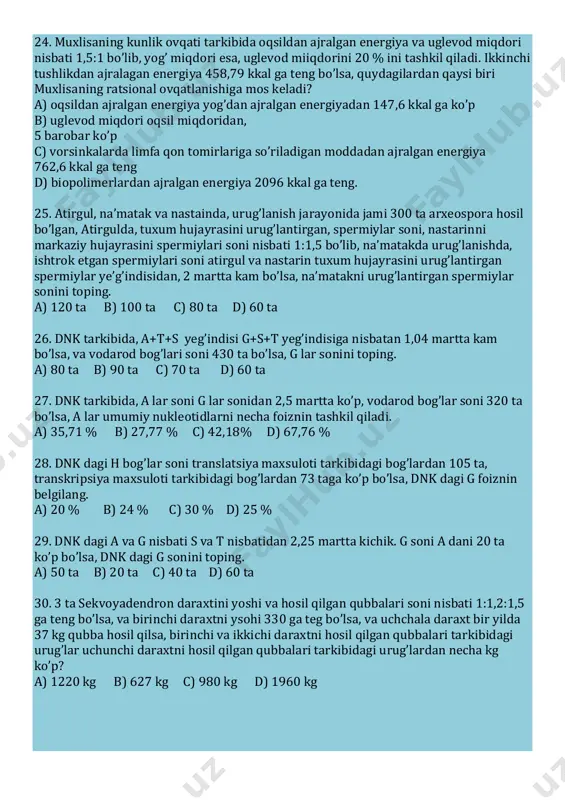 t polimer genlarga bog’liq. a1a1a2a2 ushbu holatda quloq uzunligi 12 sm ga teng. a1a1a2a2 holatda 4 sm ga teng. arxonodaktilya (o’rgimchak barmoq) kasalligi dominant gomozigota holatda letal xususiyatga ega bo’lib, dominant gomozigotalilar embrional rivojlanish davrida halok bo’ladi. quloq uzunligi 10 sm li arxonodoktilyani yengil formasi bilan kasallangan yigit, quloq suprasi 5 sm li, arxonododaktilya bo’yicha sog’lom qizga uylandi. bu nikoxdan 5 sm quloqqa ega farzandlarni necha foizi halok bo’ladi? a) 0% b) 6,25 % c) 25 % d) 12,5 22. chumolilar populyatsiyasida bitta ona chumoli o’n kunda 80 ta tuxum qo’yadi deb faraz qilsak, ma’lum vaqtdan keyin tuxumidan chiqqan qurtlarining 5% ni ona chumolilar, 57,5% ishchi chumolilar qolganlarini erkakk chumolilar tashkil qilsa, 50 kunda chumolilar oilasidagi ishchi va erkakk chumolilarni iste’mol qilgan chumoxo’rni massasi qanchaga ortadi. ( tuxumdan chiqqan har bir ona chumoli 10 kunda voyaga yetib tuxum qo’yishga kirishadi dastlabki ona chumoli ham avlodlari bilan tuxum qo’yishni davom etadi …