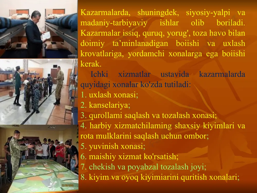 arning holati, xonalarni tozalash tartibi va ularning sanitar holati, yotish anjomlarining almashtirilishi, to‘shaklaming vaqti-vaqti bilan qoqib tutilishi bayon etiladi. shuningdek, kazarmada hojatxona, yuvinish xonalari, maishiy xizmat ko'rsatish xonalarining mavjudligi va ulaming sanitar holati ko‘rsatiladi. bayonnomaning xulosa qismida kazarmaning umumiy holatiga “yaxshi”, “qoniqarli”, “qoniqarsiz” mezonda baho berilib, aniqlangan kamchiliklar, ularni bartaraf qilish uchun takliflar va tavsiya etilgan tadbirlarning bajarilishi uchun muddat belgilanadi. bayonnoma tekshirishda ishtirok etgan lavozimli shaxslar tomonidan imzolanadi va kamchiliklarni bartaraf qilish muddatlari qism komandiri bilan kelishiladi. . " tasdiqlayman. " 27512 -sonli harbiy qism komandiri polkovnik ___________ / mansurov / " ___ "_______________ 2021 yilni 27512 -sonli harbiy qismning kun tartibi № tadbirlar o'quv mashg'ulotlari kuni vaqt muddati 1. vzvod komandirlarining o'rinbosarlarini turrishi 6.50 2. umumiy turrish 7.00 3. ertalab jismoniy mashqlar 7.10 – 7.40 30 4. ertalabki hojatxona 7.40 – 8.05 25 5. ertalab tekshirish 8.10 – 8.20 10 6. darslarga tayyorligini tekshirish 8.30 – 8.50 20 …