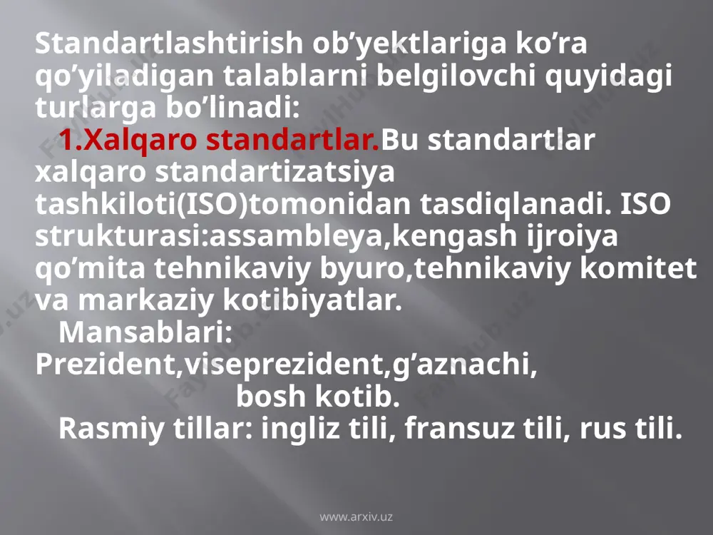 di; 2-bosqich – standart loyihasini ishlab chiqish (birinchi taxriri) va uni fikr-muloxazalar olish uchun yuborish; 3-bosqich – fikr-muloxazalar ustida ishlash, standart loyixasini(oxirgi tartibini) ishlab chiqish, kelishish va tasdiqlashga taqdim etish; 4-bosqich – standartni tasdiqlash va davlat ro’yxatidan o’tkazish. www.arxiv.uz u xalqaro standartlarni, shu jumladan, 9000-turku-midagi standartlarni ham ishlab chiqish bilan shug’ullanadi. to’qqiz ming - ushbu standartga berilgan tartib raqamidir.standartlar turkumi deb atalishiga sabab, iso 9000 stansartidan tashqari,iso 9000 “sifat menejmenti” oilasiga kiruvchi yana iso 9001 va iso 9004 standartlari ham mavjud. www.arxiv.uz iso 9000-asosiy qoidalar,atama va ta’riflar lug’ati; iso 9001-talablar;xalqaro standartlarga qo’yilgan talablar iso 9002 va iso 9003 standartlarida ham kengroq yoritilgan. iso 9004 –yanada rivojlanish va faoliyatini yaxshilash bo’yicha tavsiyalar. to’qqiz ming sonidan keyin yoziladigan to’rtlik sonlar,standartning qaysi yili qabul qilinganligini bildiradi.misol uchun,iso 9000:1987-bc 5750 bilan mos tushgan,uchta sifat nazoratimodelini o’zida mujassam etgan.iso 9000:1994;iso 9000:2000; www.arxiv.uz iso 9000:2008 –hozirgi kunda korxona va tashkilotlar sifatli boshqaruvning asosiy talabla-rini bajarish orqali …