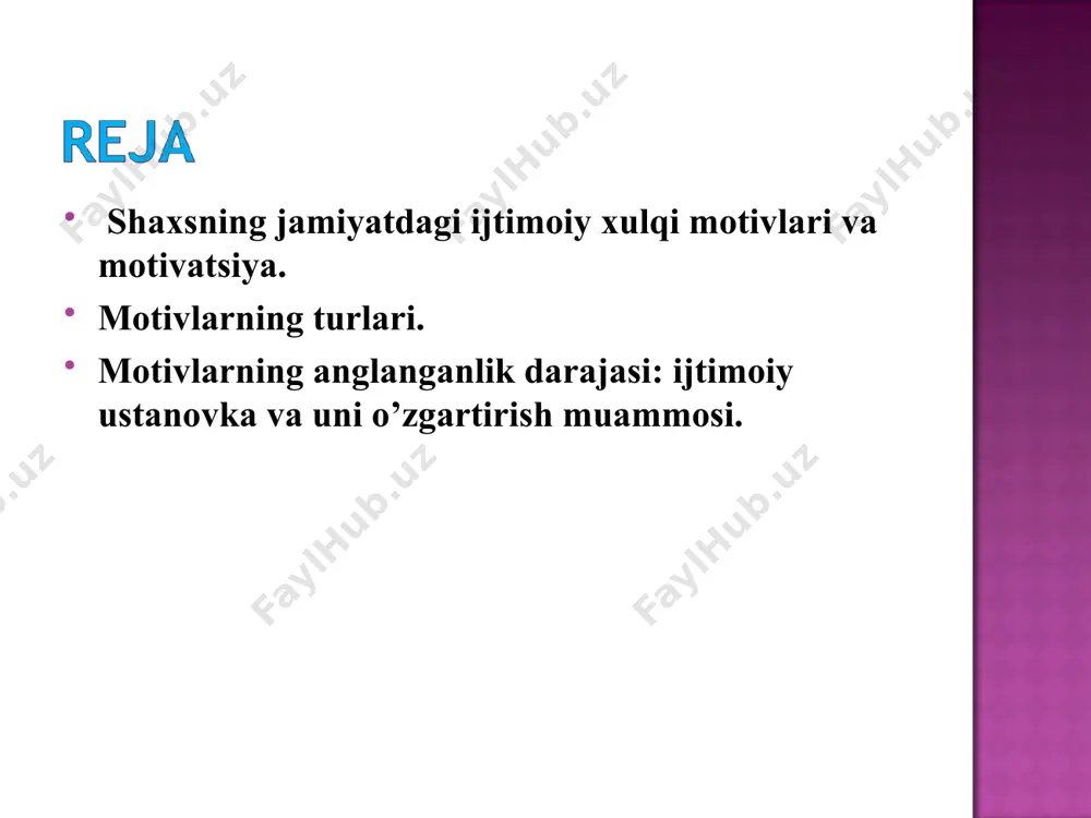 rakat xulq motiviga aylanishini psixologik mexanizmlarini tahlil qiladi. a) ichki sabablar, ya’ni hatti-harakat egasining sub’ektiv psixologik xususiyatlari nazarda tutiladi (motivlar, ehtiyojlar, maqsadlar, mo’ljallar, istaklar, qiziqishlar va xokazolar); b) tashqi sabablar - faoliyatning tashqi shart-sharoitlari va holatlari. ya’ni, bular ayni konkret holatlarni kelib chiqishiga sabab bo’ladigan tashqi stimullardir. shaxs xulq-atvorini ichkaridan, ichki psixologik sabablar tufayli boshqarish odatda shaxsiy dispozitsiyalar ham deb ataladi. ular shaxs tomonidan anglanishi yoki anglanmasligi ham mumkin. ya’ni, ba’zan shunday bo’ladiki, shaxs o’zi amalga oshirgan ishi yoki o’zidagi o’zgarishlarga nisbatan shakllangan munosabatning haqiqiy sababini o’zi tushunib yetmaydi, «nega?» degan savolga «o’zim ham bilmay qoldim, bilmayman», deb javob beradi. bu anglanmagan dispozitsiyalar yoki ustanovkalar deb ataladi. agar shaxs biror kasbga ongli tarzda qiziqib, uning barcha sir-asrorlarini egallash uchun astoydil harakat qilsa, bunda vaziyat boshqacharoq bo’ladi, ya’ni, dispozitsiya anglangan, ongli hisoblanadi. biologik ehtiyojlar- bu - fiziologik (tashnalik, ochlik, uyku), jinsiy, moslashuv ehtiyojlari. ijtimoiy ehtiyojlar - bu - mehnat qilish, bilish, …