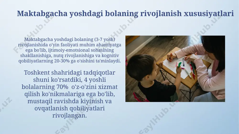 "кун тартиби"га асосланган 4 та ўқув модулининг самарадорлиги 85%га етгани аниқланди. maktabgacha yoshdagi pedagogikaning predmeti maktabgacha yoshdagi pedagogikaning predmeti sifatida toshkent shahridagi 15 ta bog'cha asosida o'tkazilgan tadqiqotlar shuni ko'rsatdiki, bolalarning ijtimoiylashuvi jarayoni 2 yoshdan boshlab intensiv rivojlanib, 4 yoshga kelib 3 ta asosiy ijtimoiy rolni egallay boshlaydi. ushbu pedagogika predmeti, bolaning 5 yoshgacha bo'lgan davridagi nutq rivojlanishi, fikrlash jarayonlari va ijodkorlik qobiliyatlarini o'rganish orqali, 20 dan ortiq o'yin uslublari va 5 ta asosiy o'quv dasturlari yordamida bolaning intellektual salohiyatini aniqlashga qaratilgan. zamonaviy maktabgacha pedagogikada dolzarb muammolar zamonaviy maktabgacha ta'lim muassasalarida, xususan toshkent shahri kabi yirik shaharlarda, 3 yoshgacha bo'lgan bolalar uchun joy etishmasligi dolzarb muammo hisoblanadi, bu esa 2023-yilgi statistikaga ko'ra, navbatlarning 50% dan ortiq o'sishini ko'rsatmoqda. surxondaryo viloyatida o'tkazilgan tadqiqotlar shuni ko'rsatdiki, maktabgacha ta'limda inklüziv ta'limga oid 10 dan ortiq qo'llanma mavjud bo'lsa-da, amalda ularning qo'llanilishi past darajada bo'lib, 20% dan kam bolalar bunday imkoniyatlardan foydalanmoqdalar. maktabgacha yoshdagi …
