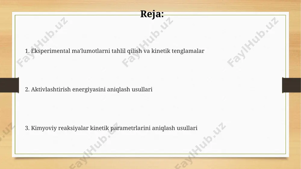 kinetikasida reaksiya tezligining haroratga bog'liqligi arrhenius tenglamasi (k = a exp(-ea/rt)) orqali ifodalanadi va faollashtirish energiyasi (ea)ni aniqlash uchun 2-3 ta haroratda o'tkazilgan tajribalar ma'lumotlari samarqand davlat universitetida o'rganiladi. reaksiya tartibi va reaksiya tezligi konstantasi (k)ni aniqlash uchun differentsial yoki integral usullar, masalan, birinchi tartibli reaksiyalar uchun integrallangan tezlik tenglamasidan foydalaniladi, toshkent shahridagi ilmiy tadqiqot institutlarida keng qo'llaniladi. katalizatorlarning ta'siri va kinetik parametrlar katalizatorlar reaksiya tezligini 10 3 -10 6 marta oshirishi mumkin, bu esa reaksiyaning aktivatsiya energiyasini pasaytirib, boltzmann konstantasi orqali kinetik parametrlarga ta'sir qiladi. fermentlarning (biokatalizatorlarning) ta'siri natijasida 37°c da inson tanasidagi biokimyoviy reaksiyalar tezligi ancha yuqori bo'ladi, bu esa michaelis-menten kinetikasi orqali aniqlanadigan parametrlarni o'zgartiradi. palladium kabi katalizatorlar, masalan, gidrogenlash reaksiyalarida 25°c da reaksiya tezligini sezilarli darajada oshiradi, bu kinetik parametrlarni hisoblashda muhim ahamiyatga ega. grafigik usullar: arrhenius tenglamasidan foydalanish arrhenius tenglamasidan (k = a exp(-ea/rt)) foydalanib, harorat (t, kelvin) oʻzgarishiga bogʻliq reaksiya tezligi konstantasi (k) ning …