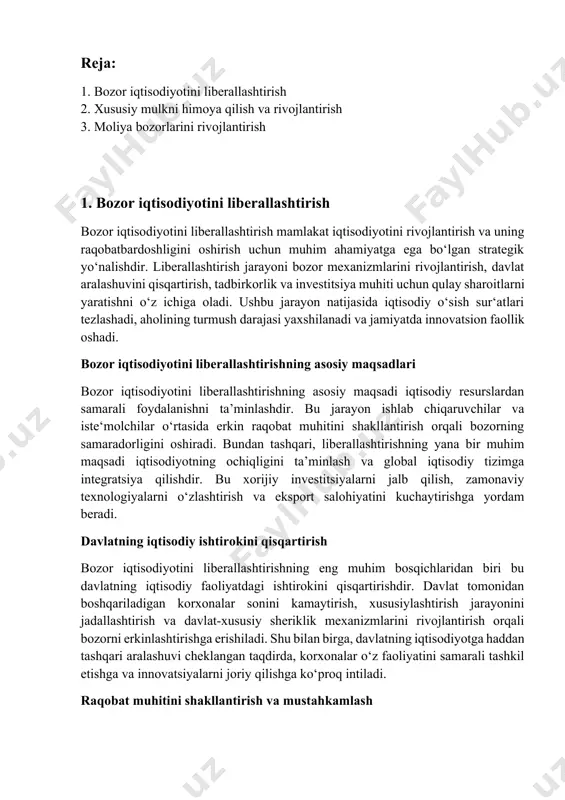 muhitini shakllantirish va mustahkamlash liberallashtirish jarayonida sog‘lom raqobat muhitini yaratish va uni mustahkamlash muhim o‘rin tutadi. bu esa monopoliyalarning oldini olish va iste‘molchilar manfaatlarini himoya qilish uchun zarur. davlat tomonidan raqobat siyosatini samarali amalga oshirish, shu jumladan, monopoliyaga qarshi qonunchilikni takomillashtirish va uni qat’iy nazorat qilish orqali ushbu maqsadga erishish mumkin. raqobat muhitining shakllanishi, o‘z navbatida, narxlarni pasaytiradi, sifatni oshiradi va innovatsiyalarni tezlashtiradi. xususiy sektorni rivojlantirish bozor iqtisodiyotini liberallashtirish xususiy sektorni rivojlantirish uchun zarur sharoitlarni yaratadi. tadbirkorlik faoliyatini qo‘llab-quvvatlash, soliq tizimini soddalashtirish, kredit resurslariga kirishni kengaytirish va tadbirkorlarning huquqlarini himoya qilish orqali xususiy sektorning iqtisodiyotdagi ulushi oshiriladi. xususiy sektorni rivojlantirish nafaqat yangi ish o‘rinlarini yaratishga, balki iqtisodiy o‘sishni ta’minlashga ham xizmat qiladi. xalqaro iqtisodiy aloqalarni mustahkamlash bozor iqtisodiyotini liberallashtirish jarayonida xalqaro iqtisodiy aloqalarni mustahkamlash muhim ahamiyatga ega. eksportni rag‘batlantirish, savdo-sotiqni liberallashtirish va xalqaro moliyaviy tashkilotlar bilan hamkorlik qilish orqali iqtisodiyotning ochiqligi ta’minlanadi. bundan tashqari, erkin savdo zonalarini tashkil etish va …