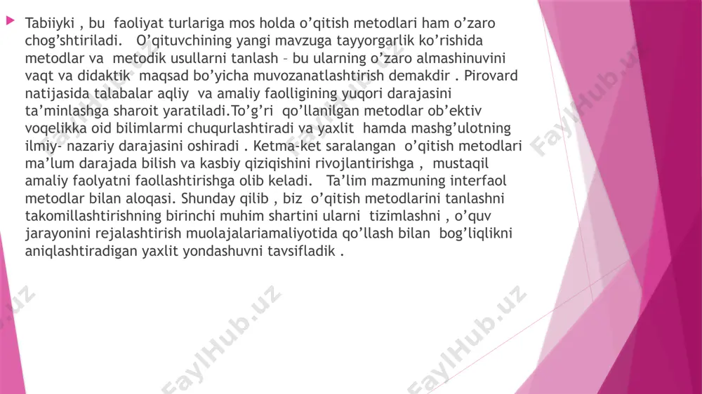nidan o’rtaga tashlanayotgan fikrga nisbatan tanqidni mutlaqo ta’qiqlash,har qanday luqma va hazil-mutoyibalarni rag’batlantirishdan iboratdir.bundan ko’zlangan maqsad o’quvchilarning mashg’ulot jarayonidagi erkin ishtirokini ta’minlashdir. ta’lim jarayonida ushbu metoddan samarali va muffaqiyatli foydalanish o’qituvchining pedagogik mahorati va tafakkur ko’lamining kengligiga bog’liq bo’ladi.”fikriy hujum” metodidan foydalanish chog’ida o’quvchilarning soni 15 nafardan oshmasligi maqsadga muvofiqdir. ushbu metodga asoslangan mashg’ulot bir soatga qadar tashkil etilishi mumkin. “yalpi fikriy hujum” metodi j.donald filips tomonidan ishlab chiqilgan bo’lib,uni bir necha o’n nafar o’quvchilardan iborat sinflarda qo’llash mumkin. metod o’quvchilar tomonidan yangi g’oyalarning o’rtaga tashlanishi uchun sharoit yaratib berishga xizmat qiladei.har biri 5 yoki 6 nafar o’quvchilarni o’z ichiga olgan guruhlarga 15 daqiqa ichida ijobiy hal etilishi lozim bo’lgan turli xil topshiriq yoki ijodiy vazifalar beriladi. topshiriq va ijodiy vazifalar belgilangan vaqt ichida ijobiy hal etilgach, bu haiqda guruh a’zolaridan biri axborot beradi. guruh tomonidan berilgan axborot o’qituvchi va boshqa guruhlar a’zolari tomonidan muhokama qilinadi va unga baho beriladi.mashg’ulot …
