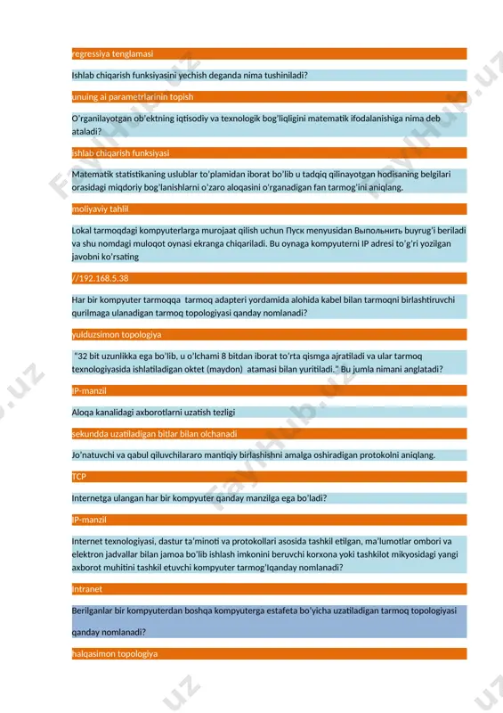nday amalga oshiriladi? navbat bilan mamlakat, shahar, va viloyatlar darajasida kompyuterlarni va lokal tarmoqlarni maxsus aloqa yoki telekommunikasiya kanallari orqali o’zaro bog’lagan tarmoqlar (metropolitan area network, man) - …. mintaqaviy tarmoqlar yagona interaktiv davlat xizmatlari portali (yaidxp) xizmatlaridan to’liq foydalanish uchun…. eri(elektrin raqamli imzo web-sahifani brouzerga samarali yuklanishini ta’minlovchi protokolni aniqlang. http kompyuter tarmog’ida axborot almashinuvi tartibini aniqlovchi kelishuvlar va qoidalar yig’indisi nima deb ataladi? protolol kompyuter tarmog’ida bitta adres (domen nom yoki ip- adres) bilan birlashtirilgan hujjatlar majmui – bu…. akkunt internet foydalanuvchisiga turli interaktiv xizmatlarni (pochta, izlash, yangiliklar, forumlar va x.k) ko’rsatuvchi yirik veb-sayt– bu … web-portal eletron pochta manzili to’g’ri ko’rsatilgan javobni aniqlang. samvmi@edu.uz servis xizmatlarini taklif etuvchi kompyuter nima deb ataladi? server elektron pochta orqali yuboriladigan xatga qanday formatdagi faylni ilova qilib bo’lmaydi? harqanday formatdagi faylni ilova qilish mumkin davlat organlarining jismoniy va yuridik shaxslarga axborot-kommunikachiya texnologiyalarini qo'llash yo'li bilan davlat xizmatlari ko'rsatishga doir faoliyati nimadebataladi? …