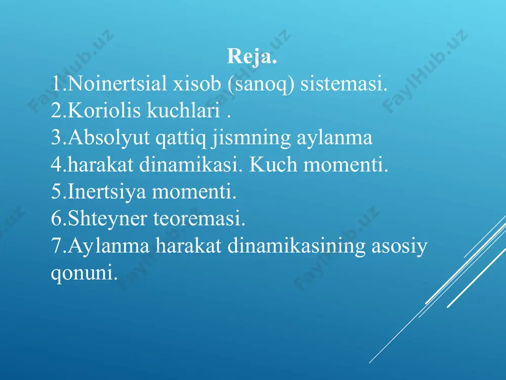 nisbatan inersiya momenti gyuygens-shteyner teoremasi. тurli shakldagi jismlar inersiya momentlari. 1. devori juda yupqa trubaning 001 semmetriya o`qiga nisbatan momenti (a) i=mr2 i=2mr2 4. sharning inersiya momenti 5. ℓ uzunlikdagi ingichka sterjenning uzunligiga tik va massalar markazidan o`tuvchi 001 o`qa nisbatan inersiya momenti i=ml2./12 6. ℓ uzunlikdagi ingichka sterjenning uzunligiga tik va uning bir uchidan o`tuvchi 001 o`qa nisbatan inersiya momenti i=ml2./1 aylanma harakat dinamikasining asosiy qonuni. massasi m bo`lgan nuqtaviy jism tangensial kuch f ta’sirida radiusi r bo`lgan aylana bo`ylab harakatlanayotgan bo`lsin.nyutonning  ii-qonuniga asosan f=mat (1) bunda at= r bo`lgani uchun f=mr (4) bu ifodani ikkala tamonini radius r ga ko`paytiramiz. fr=mr2 ma’lumki fr=m kuch momenti, mr2=i inersiya momenti bo`lgani uchun m=i bu aylanma harakat dinamikasining asosiy qonuni yoki aylanma harakat uchun nyutonni ii- qonuni deyiladi qaттiq jism aylanma harakaт dinamikasi biz qattiq jismni bir-biriga nisbatan siljimaydigan moddiy nuqtalar to’plami, deb qaraymiz, bunday deformatsiyalanmaydigan jism absolyut qattiq jism …