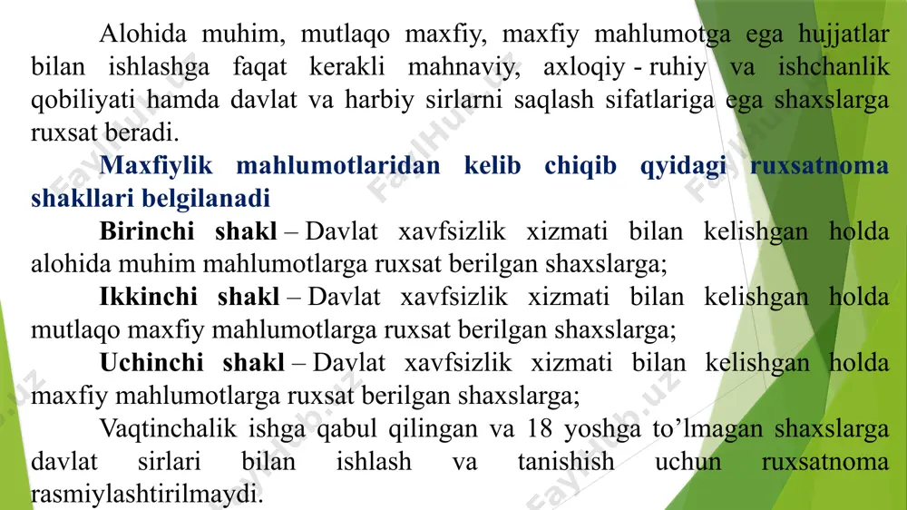 bul qilingan barcha maxfiy hujjatlarni zudlik bilan maxfiy hujjatlarni hisobga olish ro’yxatiga kiritishi (7-shakl) lozim. ushbu ro’yxatga boshqa ijrochilardan vaqtinchalikka olingan maxfiy hujjatlar hisobga olinadi. 7 – shaklga maxfiy malumotlarni kiritish, harbiy qismni ochiq nomini yozish taqiqlanadi. har bir maxfiy hujjat bilan tanishgan shaxs hujjatning oxirgi varag’iga tanishganligi to’g’risida yozuv (lavozimi, unvoni, familiyasi, sanasi) qoldiradi. чоп этилди 2 нусхада. 1 – нусха манзилга 2 – нусха жилдга бажарди турдиев а. чоп этди алиева р. кж. №342 2022 й. 26. 03. maxfiy hujjatlar saqlanayotgan seyflarni har bir ochilganidan so’ng, va ish kuni yakunida uni qulflashga va o’zining shaxsiy muhri bilan muhrlanadi. maxfiy hujjatlarni qism shtabida maxsus xavfsizlikni tahminlovchi papkalarda olib yurishga ruxsat beriladi. boshqa shtablar yoki tashkilotlar xodimlari faqatgina shtab boshlig’i ruxsati bilan maxfiy hujjatlar bilan tanishishlari mumkin. barcha ishlab chiqilgan hujjatlarning yuqori va o’ng tomoniga maxfiylik grifi, nusxasi hamda hujjatning orqasining o’ng tomonining past qismiga rekvizit yoziladi. masalan agar hujjat …