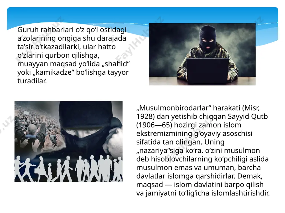harakat qilayotgan bo`lsalarda, aslida ularning diniy-siyosiy qarashlari hokimiyatga intilishga mamlakat boshqaruvini egallashga qaratilgandir. bugun shunchaki yoshlar ongida sog’lom muhitni uyg’otish sog’lom mafkura egasi qilish va ularni o’zlari mustaqil to’g’ri yo’lni tanlay oladigan darjaga yetgunlariga qadar nazorat ostida ushlash kerak. bugungi kunda ijtimoiy-ma’naviy muhitni va aholi turmush sharoitini yaxshilash, yoshlarni turli diniy ekstremistik oqimlar ta’siridan asrash masalasi barchamiz uchun eng asosiy masala bo‘lib turibdi. degan edi yurtboshimiz shavkat mirziyoyev. shunday ekan bugun barchamiz nafaqat o’zimizga balki atrofdagilarimizgada e’tiborli bo’lsak, talabchan bo’lsak xech qanday xatar bizga rahna sola olmaydi. foydalanilgan adabiyotlar: karimov i.a. o’zbekiston xxi asr bo’sag’asida: xavfsizlikga tahdid, barqarorlik shartlari va taraqqiyot kafolatlari. –t.:o’zbekiston, 1997 karimov i.a. yuksak ma’naviyat yengilmas kuch. –t.:ma’naviyat, 2008. mirziyoyev sh.m “ijtimoiy barqarorlikni ta’minlash, muqaddas dinimizning sofligini asrash — davr talabi” mavzusida anjumandagi nutqi. tosh dauning “agranom” gazetasi 767 soni uz internet shari o’zbekiston respublikasi bandlikka va mehnat munosabatlari vazirligi internet nashri. elmurod bahtiyorovich “diniy ektramizm va …