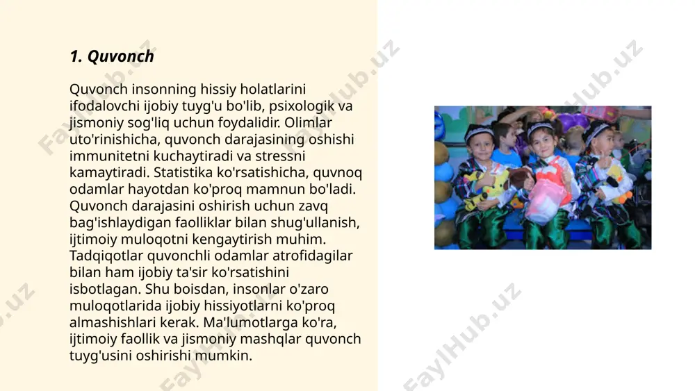 shi zo'ravonlik yoki diskriminatsiya natijasida yuzaga kelgan holatlarda ko'proq seziladi. ba'zi statistik ma'lumotlarga ko'ra, global miqyosda nafratga asoslangan jinoyatlar soni 2022 yilda sezilarli darajada oshgan, ayniqsa irq, millat va din masalalari yuzasidan. nafrat va adovatning oldini olish uchun ta'lim va madaniy tushunishni oshirish muhim strategiyalardan hisoblanadi. ... t.me/slaydai_bot 7. xavotir 7. xavotir insonning kundalik hayotida stress, xavotir va muammolar bilan bog‘liq bo‘lib, miyaning kimyoviy va fiziologik javoblaridan kelib chiqadi. tadqiqotlarga ko‘ra, har 10 kishidan 1 tasi og‘ir xavotirdan aziyat chekadi. ikki jins orasida xavotir statistik jihatdan ayollarda ko‘proq uchraydi, ular erkaklarga nisbatan ikki baravar ko‘p ta’sirlanadi. genetik omillar, muhit va shaxsiy tajribalar xavotir darajasini oshirishi mumkin. statistika shuni ko‘rsatadiki, xavotir bilan yashovchilarning 36 foizi professional yordamga ehtiyoj sezadi. xavotirni yengillashtirish uchun terapevtik usullar, mashqlar va ba’zi dori vositalari qo‘llanilishi mumkin. ... t.me/slaydai_bot "uyat" – bu o'zbek madaniyatida katta ahamiyatga ega bo'lgan va ijtimoiy munosabatlarda noqulaylik, taqiqlar yoki odob chegaralari bilan …
