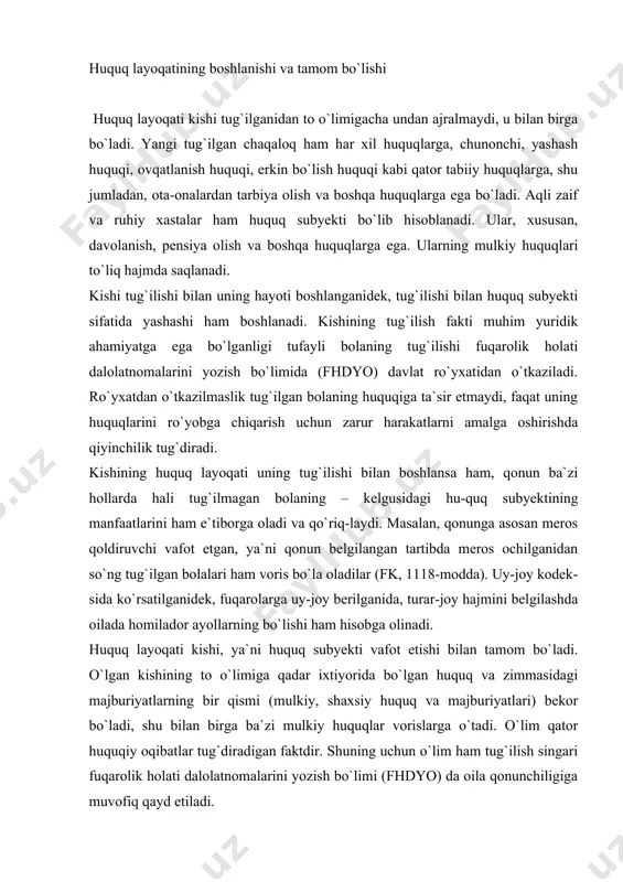 aqtdan e`tiboran to`la hajmda muomala layoqatiga ega bo`lishini ham belgilaydi (fk, 22-modda). voyaga yetgan fuqarolar teng darajada muomalaga layoqatli hisoblanadilar. fuqarolarning muomala layoqati faqat qonunda nazarda tutilgan hollarda va tartibdagina cheklanishi mumkin. fuqaroning muomala layoqatini cheklashga qaratilgan bitimlar o`z o`zidan haqiqiy emas (fk, 23-modda). to`la muomala layoqati yuqorida ko`rsatilganidek, o`n sakkiz yoshga yetgan fuqarolarga berilgani sababli bu yoshga to`lmagan shaxslarning huquqiy holatini belgilashda ular ikkiga bo`linib, ya`ni o`n to`rt yoshgacha bo`lgan voyaga yetmagan va o`n to`rt yoshdan o`n sakkiz yoshgacha bo`lgan voyaga yetmagan shaxslar muomala layoqati o`ziga xosligi bilan ajralib turadi. o`n to`rt yoshgacha bo`lgan voyaga yetmaganlar (kichik yoshdagi bolalar) to`la ravishda muomalaga layoqatsiz hisoblanadilar. olti yoshdan o`n to`rt yoshgacha bo`lgan bolalar: 1) mayda maishiy bitimlar; 2) tekin manfaat ko`rishga qaratilgan, notarial guvohlanti-rish yoki davlat ro`yxatidan o`tkazishni talab qilmaydigan bitimlar; 3) qonuniy vakil yoki uning roziligi bilan uchinchi shaxs tomonidan muayyan maqsad yoki erkin tasarruf etish uchun berilgan mablag`larni tasarruf …