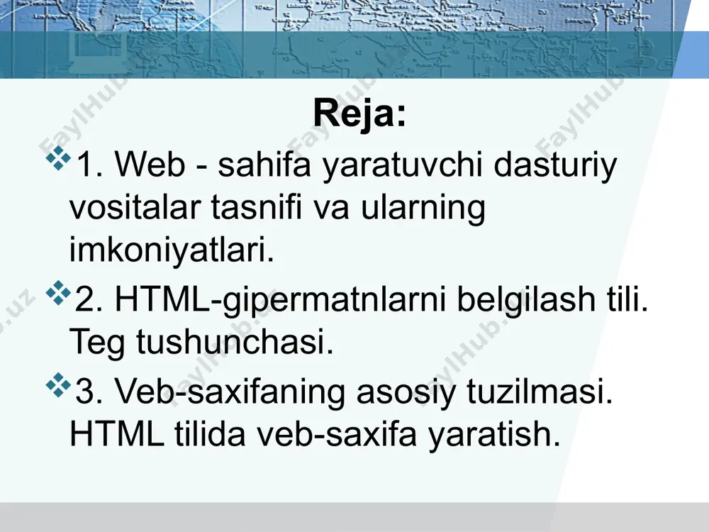 eb-sayt yaratishni ikki xil usulda amalga oshirish mumkin: statik va dinamik. html da yozilgan web-saytlar statik holda bo’lsa, zamonaviy web-saytlar dinamik ko‘rinishga ega. cm tizimlarining asosiy afzallik jihati shundaki, dinamik web-saytlarni oson yarata olish va ularni turli xil axborotlar bilan to’ldirish imkoniyati mavjud. quyida o‘zbekiston respublikasi xalq ta’limi vazirligining web-saytini asosiy sahifasidan lavha keltirilgan bugungi kunda, asosida qurilgan dmpal, php-nuke, webdirector, netcat, slaed, microsoft cms, wordpress, phpshop kabi platformalarni misol tariqasida aytish mumkin. web-sahifalar yaratishning asosi sifatida tasviriy san’atning yangi turi web-dizaynga bevosita aloqadordir. intemet dizaynerlari rasm va tasvirlar tayyorlash bilan cheklanib qolmasdan, balki tayyorlangan rasm va tasvirlami tarmoqqa joylashtirish, web-sahifalar orasida aloqalar o‘matish, matn, tasvir va rasmlaming harakatini amalga oshirish, ranglami estetik jihatdan to‘g‘ri va chiroyli tanlashga e’tibor qaratilishi lozim. e’tiboringiz uchun rahmat image2.jpeg image3.jpeg image4.png image5.png image6.png image7.jpeg image8.jpg image9.jpg image10.png image11.jpg image12.jpeg image13.jpeg image14.png image15.png image16.png image1.jpeg
