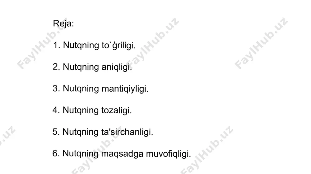 chunki ruscha-baynalmilal sòz va atamalarning talaffuzi, ya'ni urģuni qollash ozbek tilinikidan birmuncha farq qiladi. 7 nutqning aniqligi aniqlik ham nutqning asosiy kommunikativ sifatlaridan biridir. agar toģrilik nutqning yuzaga kelishida faqat til omili, zaruriy belgisi sifatida qaralsa, nutqning aniqligi deyilganda uning shakllanishiga xizmat qiladigan, tildan tashqarida bòlgan omillarni ham nazarda tutish lozim bòladi. bunda dastlab til va tafakkur munosabati turadi. chunki tabiat va jamiyatdagi narsa va hodisalar òrtasidagi mutanosiblik va uning nutqda aks etishi ana shu aniqlikning xuddi o`zidir. 8 publisistik va badiiy uslublarda esa soz va iboralar faqatgina badiiy-estetik vazifani bajarishdan tashqari yozuvchining goyaviy maqsadi uchun xizmat qilishi lozim boladi. sòz qòllash aniqligining chegarasini belgilash birmuncha murakkab ish bòlib, u tilni yaxshi bilishni va uning vazifaviy uslublar doirasida qollanish imkoniyatlarini o`rganishni taqozo qiladi. 9 aniqlikni boshqacha tushunish ham mumkin. bu sòz va uning kòpchilik tomonidan qabul qilingan ma'nosi hamda uning nutqda qollanishi bilan muvofiq kelishidir. kòrinadiki, aniqlik nutqning asosiy xususiyati …