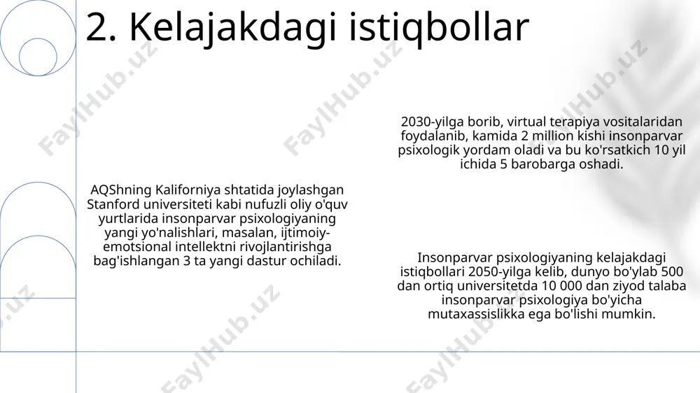 ualizatsiya ehtiyojining 5-bosqichida muhim ahamiyatga ega, bu esa shaxsning to'liq rivojlanishiga yordam beradi. o'zbekistonning 2022 yilgi tadqiqotlari shuni ko'rsatdiki, o'z-o'zini qadrlash darajasi yuqori bo'lgan shaxslar o'rtacha 30% kam stress va 25% kam depressiyaga moyil bo'ladilar, bu psixologik salomatlikni saqlash uchun muhim omil hisoblanadi. o'z-o'zini hurmat qilish darajasi 1 dan 10 gacha bo'lgan shkala bilan o'lchanadi va 7 balldan yuqori natija sog'lom o'z-o'zini qadrlashni ko'rsatadi, bu esa jahon sog'liqni saqlash tashkilotining 2023 yildagi ma'lumotlariga ko'ra, ruhiy salomatlikning muhim ko'rsatkichi hisoblanadi. 10. o'z-o'zini hurmat qilish va qadrlash insonparvar psixologiyaning kuchli tomonlaridan biri, 1950-yillarda aqshda paydo bo'lib, insonning o'ziga xosligini va o'z-o'zini anglashini ta'kidlashi hisoblanadi, bu esa odamlarning shaxsiy o'sishida sezilarli yutuqlarga olib keladi. insonparvar psixologiya, masalan, germaniyadagi ba'zi klinikalarda muvaffaqiyatli qo'llanilgan bo'lsa-da, uning samaradorligi turli madaniyatlarda 20% gacha farq qilishi mumkin, bu esa universal qo'llanilishini cheklaydi. insonparvar psixologiyaning zaif tomonlaridan biri, ilmiy tekshiruvlarning etishmasligi va subyektiv baholashga tayanishi hisoblanadi, bu esa 3 …