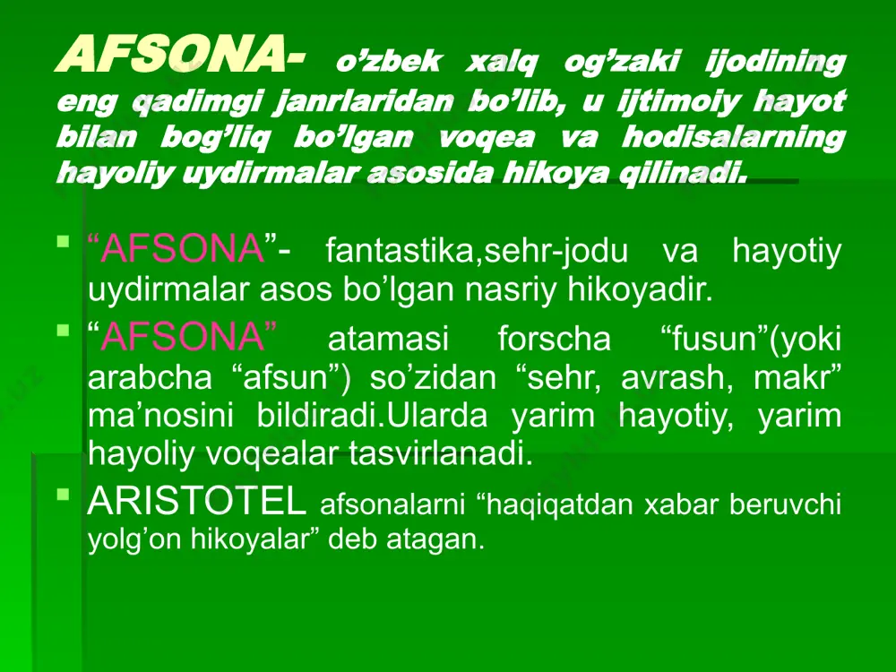 maqollar mazmunidan yuzaga kelishi mumkin: ”har kim qilsa o’ziga” naqli aslida “yoqma –pisharsan, qazima-tusharsan” maqoli asosida yuzaga kelgan. shu bois sinkretik naqllar asosan maqol bilan tugaydi. sof naqllar hayotiy voqealar asosida yaratilgan. afsona, rivoyat, ertaklarga xos an’anaviy boshlanma va tugallanmalar uchramaydi. m: “baxt, davlat, aql bahsi , “odam odam bilan tirik”, “kiyik va tulki”, “ikki qarg’a” kabilar shu turkumga mansub. ularda o’git yashirin, syujet qisqa, mazmun lo’nda, badiyati o’ziga xosligi bilan ahamiyatlidir. o’zbek xalq naqllari yuksak g’oyalarni targ’ib etishda o’xshatish, istiora,sifatlash tasvir vositalariga, voqealarni zid qo’yish priyomiga tayanadi. image1.jpeg image2.jpeg /docprops/thumbnail.jpeg
