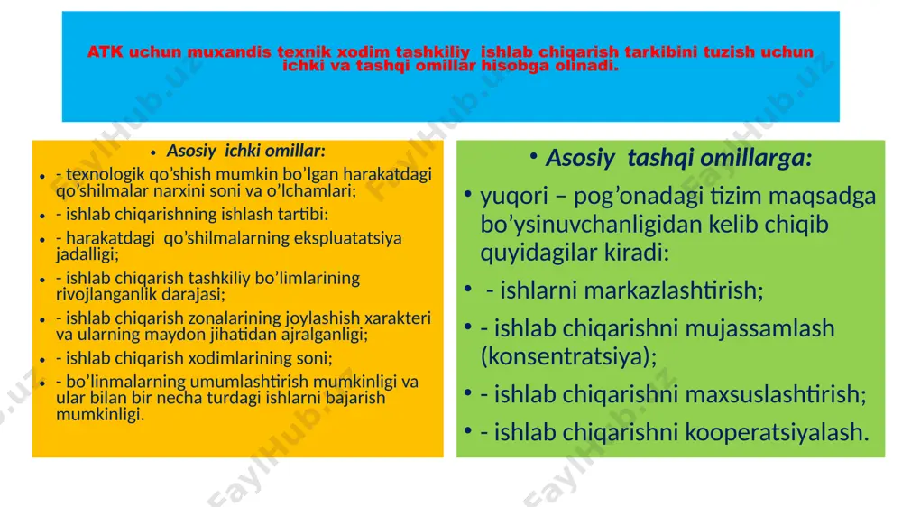 radi; - jt kompleksi – joriy ta’mirlash ishlarini bajaradi: - tu kompleksi – ta’mirlash ustaxonalarida avtomobillardan yechilgan agregat va uzellarni ta’mirlaydi: - t kompleksi – ishlab chiqarishni tayyorlash kompleksi - material texnika ta’minoti, agregatlarni defektlash, kapital ta’mirlashni tashkil qiladi, aylanma agregatlar fondini tashkil etadi. image1.png /docprops/thumbnail.jpeg