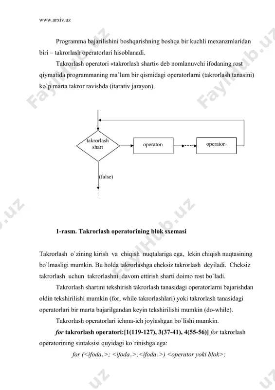 i - takrorlash sanagichi vazifasini bajaruvchi o`zgaruvchisiga boshlang`ich qiymat berishga xizmat qiladi va u takrorlash jarayoni boshida faqat bir marta hisoblanadi. ifodada o`zgaruvchi e`loni uchrash mumkin va bu o`zgaruvchi takrorlash operatori tanasida amal qiladi va takrorlash operatoridan tashqarida «ko`rinmaydi» (c++ builder kopiilyatori uchun); - takrorlashni bajarish yoki yo`qligini aniqlab beruvchi mantiqiy ifoda, agar shart rost bo`lsa, takrorlash davom etadi, aks holda yo`q. agar bu ifoda bo`sh bo`lsa, shart doimo rost deb hisoblanadi; - odatda takrorlash sanagichning qiymatini oshirish (kamaytirish) uchun xizmat qiladi yoki unda takrorlash shartiga ta`sir boshqa amallar bo`lishi mumkin. takrorlash operatorida qavs ichidagi ifodalar bo`lmasligi mumkin, lekin sintaksis `;` bo`lmasligiga ruxsat bermaydi. shu sababli sodda ko`rinishdagi takrorlash operatori quyidagicha bo`ladi: for(;;) cout va ifodalarida zarur operatorlarni `,` bilan yozish orqali bunga erishish mumkin: takrorlash operatorining har bir qadamida j va i o`zgaruvchi qiymatlari mos ravishda o`zgarib boradi. for operatorida takrorlash tanasi bo`lmasligi ham mumkin. masalan, programma bajarilishini ma`lum …