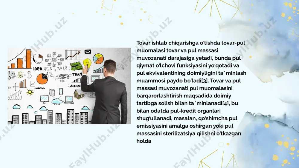 mehnat jatayoni uchun kerakli bo’lgan vositalarni o’zi yaratadi. natural xo’jalikning muhim belgilari: xususiy mulkga asoslanganligi, o’zi mehnat qilishi, o’zi ehtiyojini qondirishi, bozor bilan aloqada bo’lmasligi, foyda olishga ega bo’lmasligi. natural xo’jalik bozor iqtisodiyotiga qadar ijtimoiy ishlab chiqarishning asosiy shakli bo’lib kelgan. u iqtisodiy jihatdan mustaqil bo’lgan. natural xo’jalik sharoitida har bir mulkdorning alohida o’z xo’jaligi bo’lgan. natural xo’jalikda asosiy xo’jalik tarmog’i dehqonchilik bo’lib, unga qo’shimcha tarzda hunarmandchilik rivoj topgan. ishlab chiqarish to’la-to’kis qo’l mehnatiga tayangan. unda mehnat qurollari va sihlab chiqarish sharoitlari o’zgarmay qoladi. mehnat unumdorligi deyarli o’smaydi. 1 2 foydalanilgan adabiyotlar https://uz.wikipedia.org/wiki/tovar-pul_muvozanati https://arxiv.uz/uz/documents/referatlar/iqtisodiyot/tovar-pul-munosabatlari-rivojlanishi-bozor-iqtisodiyoti-shakllanishi-va-amal-qilishning-asosidir e’tiboriz uchun rahamt! image1.png image2.svg image3.png image4.png image5.png image6.png image7.png image8.png image9.png image10.svg image11.png image12.png image13.png /docprops/thumbnail.jpeg