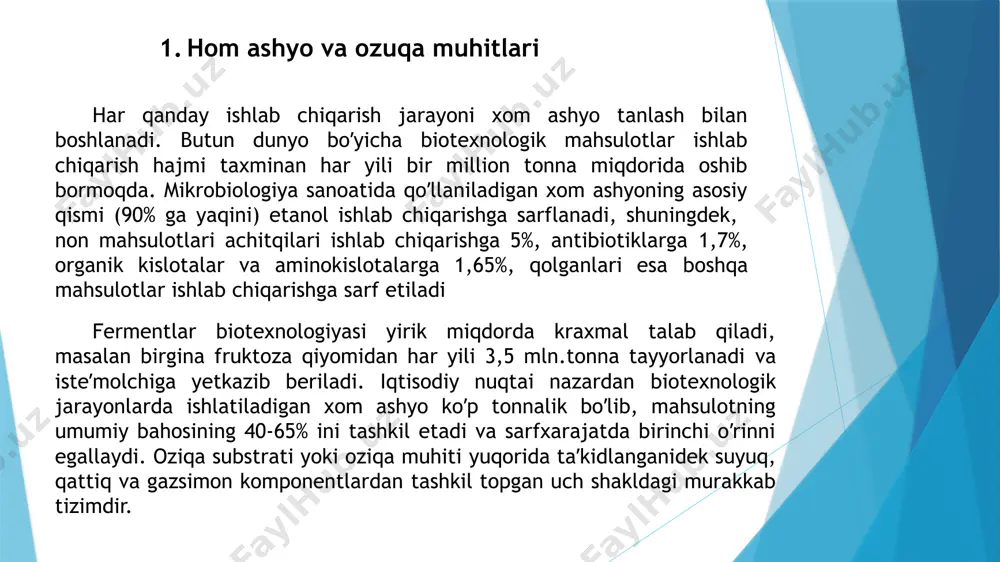 dagi uglerod manbaiga bogʼliq boʼlmagan holda 1 litr oziqada minutiga 0,83-4,0 mg kislorodni assimilyatsiya qiladi. oziqada erigan kislorod miqdori juda kam boʼlib, bu harorat, bosim va despirslangan eritma komponentlar miqdoriga bogʼliq boʼladi. 0,1 mpa (1 kg s/sm) bosim va 300s haroratda 1 l distillangan suvda erigan kislorod miqdori maksimal holda 7,5 mg ni tashkil etadi. odatda oziqa muhitida maksimal holatda erigan kislorod miqdori 2-5 mg/l boʼladi. oziqa muhitidagi zahira kislorod miqdori aerob produtsentlarni 0,5-2 minut hayotchanligini saqlab turishi mumkin. kislorod va suv image1.png image2.png image3.png image4.png image5.png image6.png /docprops/thumbnail.jpeg