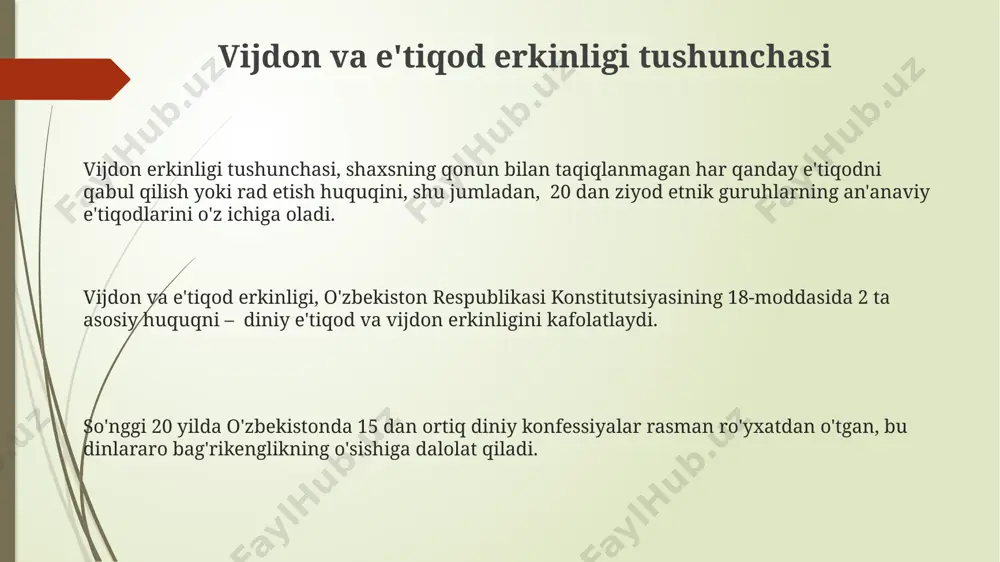 asrlarda, 11-13 asrlarda, evropada cherkovning kuchli ta’siri vijdon erkinligiga qarshi kurash olib bordi, biroq diniy qarama-qarshiliklar 30 yillik urushga olib keldi. islom olamida, 8-13 asrlarda, “ahl al-kitob”ga berilgan diniy bag‘rikenglik, ya’ni 5 ta asosiy din vakillariga berilgan huquqlar, vijdon erkinligining muayyan ko‘rinishlarini aks ettirdi. qadimgi yunonistonda, miloddan avvalgi 5-asrda, demokratiyaning rivojlanishi bilan birga, vijdon erkinligi tushunchasi ham paydo bo‘lib, falsafiy maktablarning 20 dan ortiq xilini keltirib chiqardi. e'tiboringiz uchun rahmat @taqdimot_robot