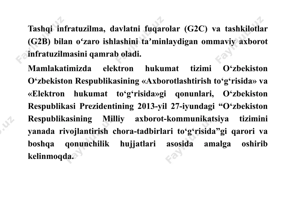 vlat hokimiyati va boshqaruvi organlarining elektron hamjihatlik infratuzilmasining tizimini tashkil etuvchi qism hisoblanadi. asosiy maqsadlari a)fuqarolar va xo’jalik subyektlariga hokimiyat va boshqaruvi organlari tomonidan taqdim etiladigan axborot resurslari va xizmatlarining hajmini oshirishga mo’ljallangan ixtisoslashtirilgan axborot tizimini yaratish; b)o’zbekiston respublikasi hokimiyatining faoliyati to’g’risidagi ma’lumotlar bilan ta’minlash, o’zbekiston respublikasining hukumat portali maqsadli auditoriyasini zarur muassasalar bilan o’zaro aloqa qilish jarayonlari va imkoniyatlari to’g’risida, fuqarolarning majburiyatlari va huquqlarining kelib chiqishi to’g’risida, davlat hokimiyati organlarining faoliyati to’g’risidagi axborotlardan to’liq, tezkor va foydalanishda qulayligi, davlat hokimiyati organlari va boshqaruvining rasmiy pozisiyasini aks ettiruvchi keng ko’lamdagi axborotlar bilan ta’minlash; v)cheklangan xizmatlanishga mo’ljallangan axborotga kiritilgan ma’lumotlardan tashqari, tegishli axborot resurslarini joylashtirish va tashkil yetish yo’li bilan fuqaro va tashkilotlarni davlat ijro hokimiyati organlarining faoliyati to’g’risidagi rasmiy axborotga kirishini ta’minlash; g)davlatlararo axborotlar almashinuvining intensifikasiyasi; d)o’zbekiston respublikasining xalqaro nufuzini oshirish va milliy iqtisodiyotimizga investisiyalarni jalb etish uchun shart-sharoitlarni yaratish; asosiy funksiyalari: -davlat hokimiyati va boshqaruvi organlarining axborot hamjihatligini ta’minlash; …