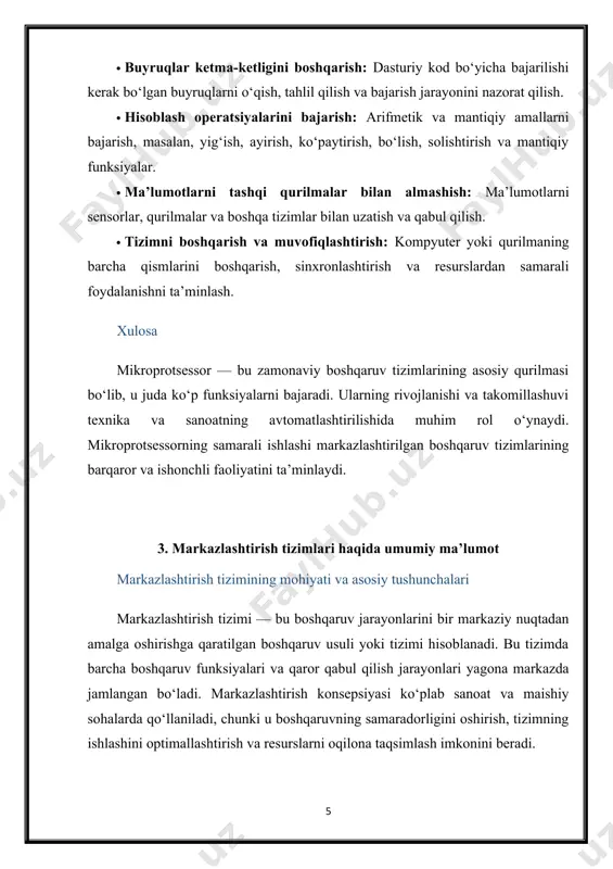 ishlash printsipi markazlashtirish tizimi o‘z ichiga ma’lumotlarni yig‘ish, qayta ishlash va boshqaruv signallarini tarqatish jarayonlarini oladi. bu jarayon quyidagi bosqichlarda amalga oshiriladi: · ma’lumotlarni yig‘ish: sensorlar yordamida tizim holatiga oid parametrlar doimiy ravishda o‘lchanadi va markaziy boshqaruv blokiga uzatiladi. · ma’lumotlarni qayta ishlash: markaziy boshqaruv bloki olingan ma’lumotlarni dasturiy ta’minot yordamida tahlil qiladi. u tizimning optimal holatini aniqlaydi va kerakli boshqaruv qarorlarini qabul qiladi. · boshqaruv signallarini yuborish: qabul qilingan qarorlar asosida boshqaruv signallari aktuatorlarga yuboriladi. aktuatorlar o‘z navbatida, tizimning ishlash sharoitlarini o‘zgartirishga xizmat qiladi. · monitoring va diagnostika: tizim doimiy ravishda ishlash holatini kuzatib boradi, xatoliklar aniqlanadi va operatorlarga ogohlantirishlar beriladi. markazlashtirish tizimlarining afzalliklari va kamchiliklari markazlashtirish tizimlarining ko‘plab ijobiy tomonlari mavjud: · boshqaruv samaradorligi: tizim butun jarayonni yagona markazdan boshqarish imkoniga ega bo‘lib, bu boshqaruvni osonlashtiradi va tezlashtiradi. · monitoring va diagnostika: tizim holatini doimiy nazorat qilish imkoniyati mavjudligi sababli, nosozliklarni vaqtida aniqlash va bartaraf etish osonlashadi. · …