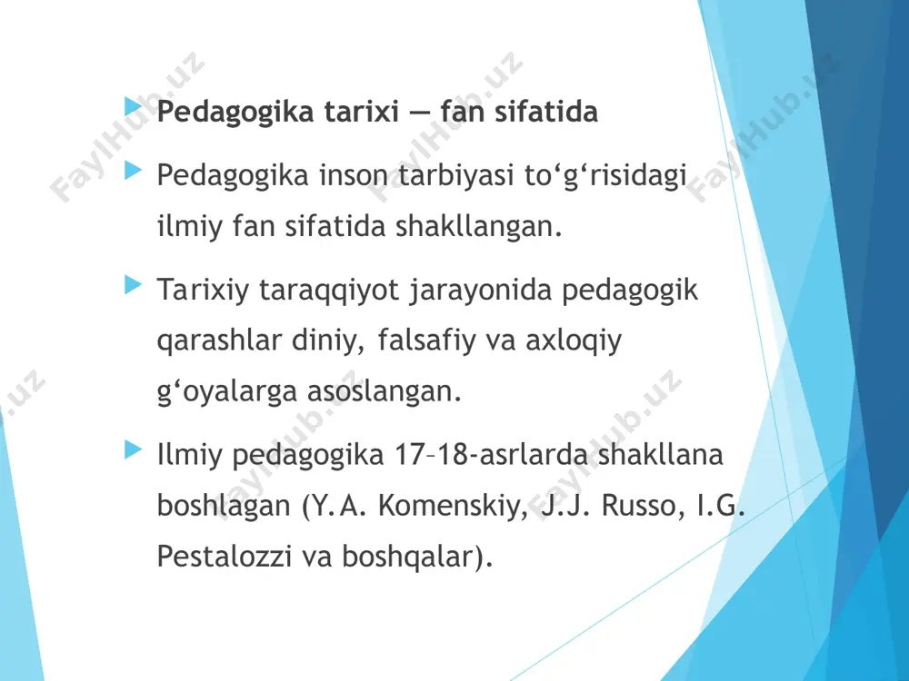 ijodi materiallari. buyuk adib va allomalarning ijodiy merosi. arxeologik topilmalar. eramizdan oldingi minginchi yillarning o’rtalarida eng qadimgi ajdodlarimiz tomonidan qahramonlik mazmunida juda ko’plab afsona, rivoyatlar aytilgan bo’lib, ular zardushtiylik dinining muqaddas kitobi - «avesto»ga kiritilgan. «avesto»ning o’zi kim tomonidan yaratilgani to’g’risida turli taxminlar mavjud. jumladan, sharqshunos olim ye.e.bertelg’sning fikricha, 1278 yilda rayd-zardusht ibn bahrom ibn pajdu degan kishi tomonidan yozilgan «zardushtnoma» dostonida «avesto» kitobi avesto va zendani zardusht dunyoga keltirgani, uning tug’ilishi va keyingi hayoti haqidagi kitob ekanligi bayon etiladi. ma’lumotlarga qaraganda, “avesto” eramizdan avvalga vi asrning oxiri va vii asrning boshlarida yaratilgan bo’lib, to’liq kitob shaklida eramizdan avvalgi i asrda shakllangan. ushbu kitobda inson shaxsining takomiliga oid ma’rifiy fikrlarning mahlum bir tizimi ifodalangan. hatto uni tabiiy, ilmiy, ma’rifiy fikrlar to’plangan dastlabki pedagogik asar deyish mumkin. kitob 1200 bobdan iborat bo’lib, 12 ming oshlangan mol terisiga oltin harflar bilan bitilgan, deyiladi. ushbu kitob iskandar istilosigacha istaxr shahrida saqlangan. keyinchalik iskandar …