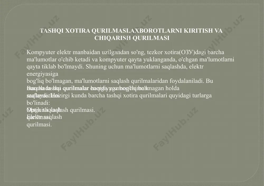 z ishdan chiqish ehtimoli katta. tashqi ta'sirlarga umuman bardoshli emas. keyingi magniitli saqlash qurilmasi bu–magnitlentalardir. bular asosan server kompyuterlar bilan ishlaganda kerak bo'ladi. katta hajmdagi ma'lumotlarni arxivlash yoki nusxasini olish jarayonida ishlatiladi. o'qish va yozish tezligi unchalik katta emas, lekin uzoq vaqt davomida saqlash uchun mo'ljallangan. navbatdagi tashqi saqlash qurilmasi buoptik disklarhisoblanadi. bu disklarga ma'lumotlar lazer nurlari orqali yoziladi va lazer nurlari orqali o'qiladi. optik disklarni quyidagi turlari mavjud: —faqat o'qish uchun mo'ljallangan disklar: cd, dvd. —faqat bir marotaba yozish uchun mo'ljallangan disklar: cd-r, dvd-r. —bir necha marotaba yozish uchun mo'ljallangan disklar: cd-rw, dvd-rw. cd disklar700mb atrofida, dvd disklar esa4.7gb atrofidagi ma'lumotlarni o'zida saqlay oladi. bu optik disklarnio'qish uchun kompyutergacd-rom, dvd- romqirilmalari ulanadi. hozirgi kunda yangi dvd disklari paydo bo'lgan, bularblu-raydeb nomlanadi va ular ko'k rangdagi lazer orqali ma'lumotlarni yozadi(oddiy optik disklarga qizil rangdagi lazer ishlatiladi). blu-ray disklarning hajmi25gb dan boshlanadi. keyingi tashqi xotira qurilmasi bu–elektr saqlash qurilmasidir. bu xotira …