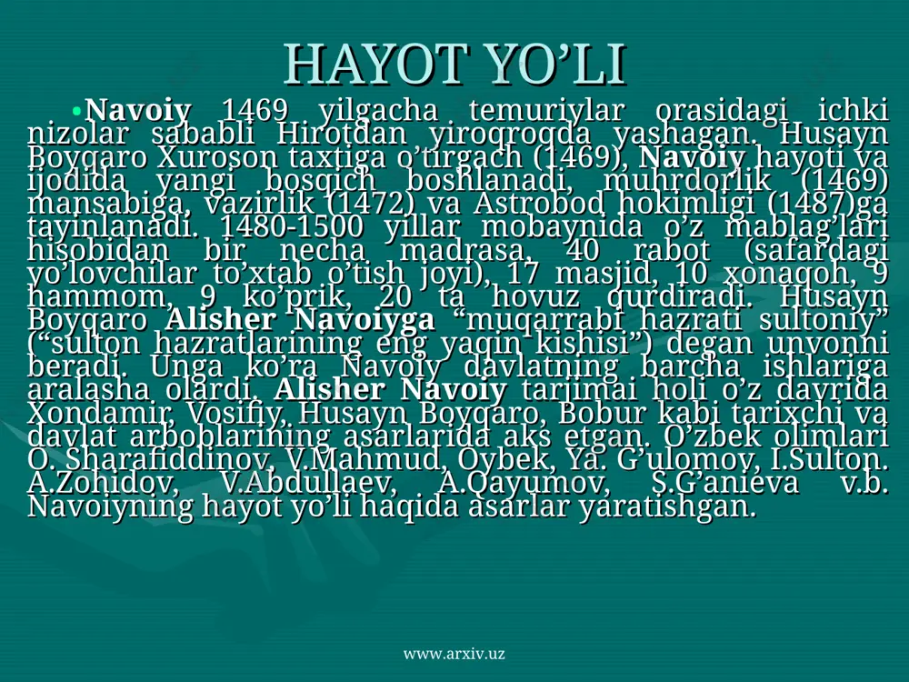 sulolasiga mansub ijodkor shoh va shahzodalar haqidagi ma’lumotlar jamlangan. navoiy “muhokamatul-lug’atayn” asarini o’z zamonidagi turkiy lahjalar, ziyolilar nutqi, badiiy va ilmiy asarlarning leksik-grammatik xususiyatlarini forsiy til xususitlari bilan qiyoslashga bag’ishladi. jonli xalq tilida qo’llanilgan ko’plab so’zlarni asarga kiritib, adabiy tilda qo’llanilishiga sababchi bo’ldi. www.arxiv.uz www.arxiv.uz ilmiy-filologik merosi fors va turk tillarida yaratilgan eng yirik va e’tiborli asarlarga murojaat qildi, shoir va olimlarni til istiqloli uchun kurashga chorladi. aruz nazariyasiga bag’ishlangan “mezonul-avzon”(1492) asarida arab va fors aruzi qoidalarini turkiy tilda aniq va ravon tushuntirdi. turk yozma va og’zaki she’riyati namunalarining vazn xususiyatlarini o’rgandi. turkiy aruz tabiatini yoritish bilan birga turk she’riyati murakkab aruz tizimini boyitganini anglatdi. bahrlar va doiralar haqidagi tasavvurni kengaytirdi. to’qqizta yangi vazn va she’riy shaklni aniqladi. turklik tarixida ilk bor milliy vazn haqidagi qarashlarni ilgari surdi. www.arxiv.uz www.arxiv.uz