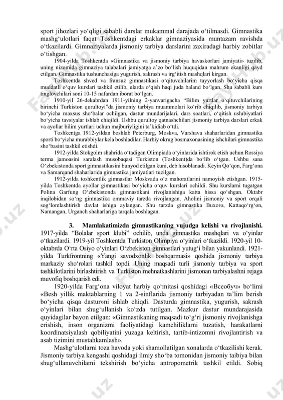 mashqlari texnikasini ishlab chiqdi. «nemis gimnastikasi» darsligi nashr etilib, unda о‘sha vaqtda ma’lum bо‘lgan jihozlarda bajariladigan hamma mashqlaming tavsifi berilgan edi. mashqlarni bajarayotganda shug‘ullanuvchilardan boshni tо‘g‘ri tutish, oyoq uchlari chо‘zilgan bо‘lishi, gavdani harbiycha tо‘g‘ri tutish, tо‘g‘ri chiziq bо‘ylab harakat qilish talab qilinardi. mashg‘ulotlarda musobaqa usulidan foydalanilardi, bu esa, shug‘ullanuvchilarning qiziqishini juda ham oshirarva ular bir xildagi mashqni behisob takrorlashga intilishardi. u davrda turli harakatlar kombinatsiyalari qо‘llanilmas edi. 2. о‘zbekiston hududida gimnastikaning paydo bo`lish tarixi. markaziy osiyo hududida, jumladan, о‘zbekistonda gimnastikaning davolash, sog‘lomlashtirish, amaliy jismoniy tarbiyaning y о‘nalishlari ilmiy asoslangan tarixiy negizlarga ega. qadim zamonlardan aholi turli xil jismoniy mashqlar, harakatli о‘yinlarni katta bayram va tо‘ylarda tashkillashtirishgan. navrо‘z, hosil bayrami va boshqa tantanalarda otda poyga, yugurish bо‘yicha musobaqalar, olomon-poygalar, chovgon о‘yinlari, dorbozlar chiqishlari kabi kо‘ngilochar tadbirlari muntazam ravishda o‘tkazilib turilgan. abu ali ibn sino «tib qonunlari»da jismoniy tarbiyaga katta e’tibor bergan. о‘z kitobida salomatlikni muhofaza qilish qoidalarini kо‘rib chiqar ekan, buyuk …