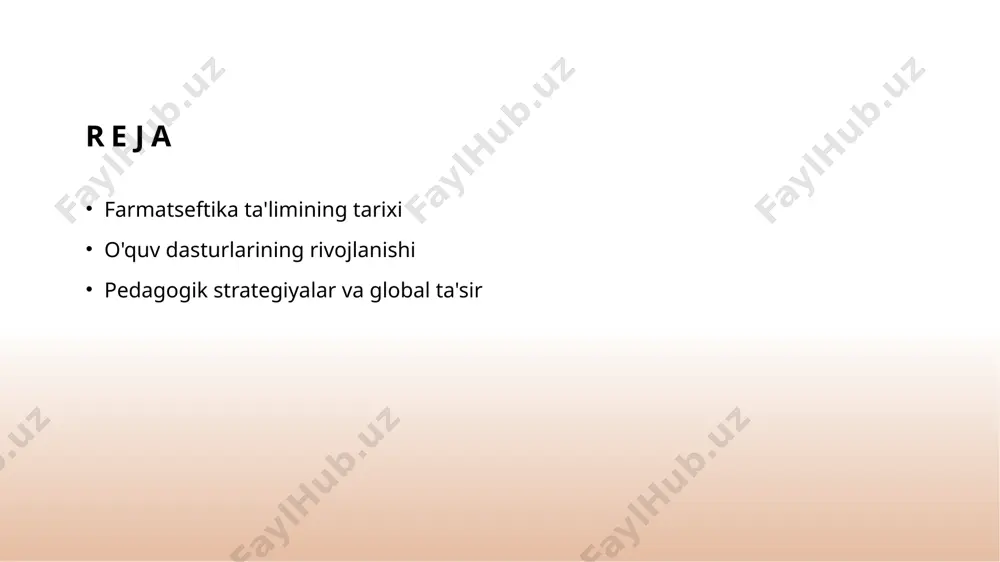 tayyorlashda muhim rol o'ynaydi. 2 tarixiy rivojlanish farmatseftika ta'limining tarixi 19-asrga borib taqaladi. dastlabki darslar dorivor o'simliklar va ularning foydalari haqida bo'lgan, keyinchalik ilmiy asoslangan ta'limga o'tildi. 3 o'zgaruvchi talablar zamonaviy davrda farmatseftika ta'limi sog'liqni saqlash sohasidagi o'zgaruvchi talablar bilan moslashishi zarur. ta'lim dasturlari innovatsion yondashuvlar bilan boyitilmoqda. 4 global integratsiya farmatseftika ta'limi global integratsiya jarayonida o'zaro tajriba almashish imkonini beradi. bu, talabalar va o'qituvchilar uchun yangi imkoniyatlar yaratadi va bilimlarni kengaytiradi. farmatseftika ta'limidagi o'quv dasturlarining tarixiy rivoji. 01 dastlabki bosqichlar farmatseftika ta'limining dastlabki bosqichlari xviii asr oxirlarida boshlangan. bu davrda o'quv dasturlari asosan an'anaviy bilimlarga asoslangan edi. 02 o'zbekiston tarixi o'zbekistonda farmatseftika ta'limi 1920-yillarda shakllana boshladi. dastlabki o'quv dasturlari davlatga qarashli ta'lim muassasalarida amalga oshirildi. 03 global ta'sir 20-asrning o'rtalarida global farmatseftika ta'limi standartlari joriy etildi. bu o'zgarishlar o'zbekistondagi o'quv dasturlariga ham ta'sir ko'rsatdi. 04 innovatsion yondashuvlar so'nggi yillarda farmatseftika ta'limida innovatsion yondashuvlar rivojlandi, jumladan, interaktiv o'qitish usullari va …