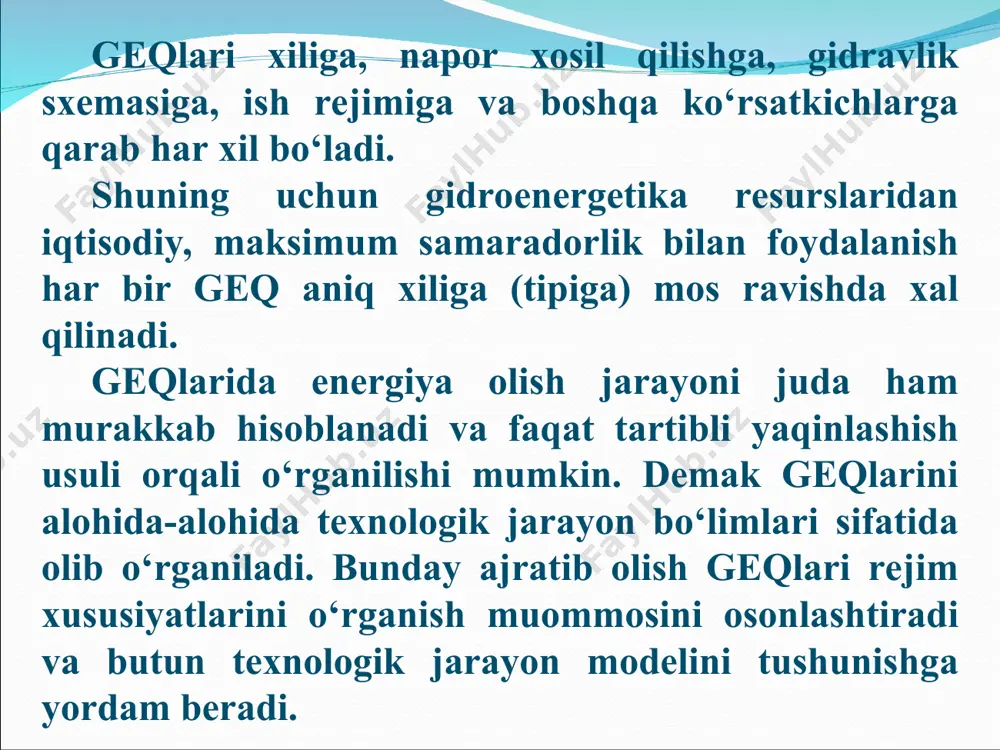 zanda joylashgan kgeslarning napori kichik qiymatlarda (15 metrgacha) bo’ladi va kges binosi yuqori be’fdagi suv bosimini o’ziga qabul qiladi, ya’ni bino to’g’on vazifasini ham o’taydi. kgeslar o’zanda joylashganda daryo o’zani tor va chuqur bo’lsa, gidroinshootlar ges binosi va suv tushar to’g’ondan iborat bo’ladi. bunday kgeslarning napori 1,5 metrdan 10 metrgacha bo’lishi mumkin. tor va chuqur bo’lgan daryo o’zanida joylashgan kges sxemasi 1 - kges binosi; 2 - suv tushar to’g’on; 3 - yuqori be’f; 4 - quyi be’f; 5 – avtoyo’l. agar daryo o’zani keng bo’lsa inshootlar tarkibida suv tushmaydigan yopiq to’g’on ham bo’ladi, kema qatnovi bo’lishi mumkin bo’lgan daryolarda shlyuzlar ham ko’yiladi. bunday kgeslarning yuqori be’fida kichik suv ombori ham yuzaga keladi. o’zanda joylashgan kgeslarning napori kichik bo’lganligi uchun ularni daryo bo’ylab ko’plab o’rnatish mumkin. misol qilib chirchiq – bo’zsuv geslar kaskadini keltirish mumkin. ushbu kaskadning bo’zsuv daryosi qismida 16 ta ges joylashgan. keng daryo o’zanida joylashgan kges sxemasi …