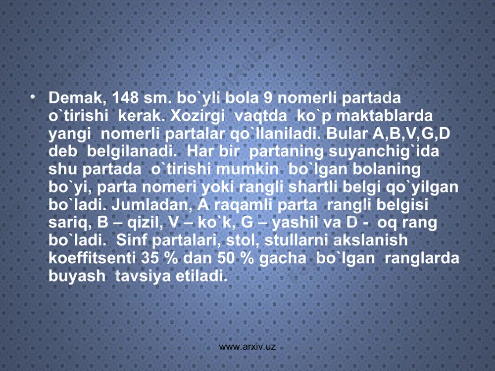 lari o’quvchining shikastlanmasligi uchun uning ishlayotgan joyi sim panjara bilan to’sib qo’yiladi. uning balandlgi 1 m dan kam bo’lmasligi kerak. www.arxiv.uz www.arxiv.uz ustaxonada elektr asboblari xavfsizlik qoidasiga binoan juda ehtiyotlik bilan izolyatsiya qilingan elektr tokini qo’shuvchi knopka tekislik sathidan 3-5 mm chuqurlikda, ajratuvchi knopka esa 3-5 mm ko’tarib joylashtiriladi. elektr asboblarining hayotga xavfli qismlari to’sib qo’yilib qizil, qolgan qismlari yashil bo’yoqlar bilan bo’yaladi. www.arxiv.uz www.arxiv.uz www.arxiv.uz www.arxiv.uz ustaxonani tozalash vaqtida elektr asboblari tokdan ajratiladi, ish to’xtatiladi. chiqindi, axlat, changni tozalash uchun uzun dastali ilgak, shchyotka va boshqa qulay asboblar ishlatiladi. ustaxonada ish vaqtida o’qituvchi va o’quvchilar maxsus ish kiyimlari bilan ta‘minlanadilar. o’quvchi dam olishi uchun ishlab turgan joyida qulaylashtirilgan, ya‘ni ochilib yopiladigan kursi, buyumlarini qo’yish uchun tumbochka yoki kichkina shkafcha bo’lishi kerak. www.arxiv.uz www.arxiv.uz hamma o’quvchilar ustaxonada ishlashning texnika xavfsizligi qoidalari bilan mukammal tanishtirilishi kerak. yong’inning oldini olish choralariga katta e‘tibor beriladi. ustaxona yong’inni o’chiruvchi (karbonat kislotali) moddalar bilan taminlanadi. …